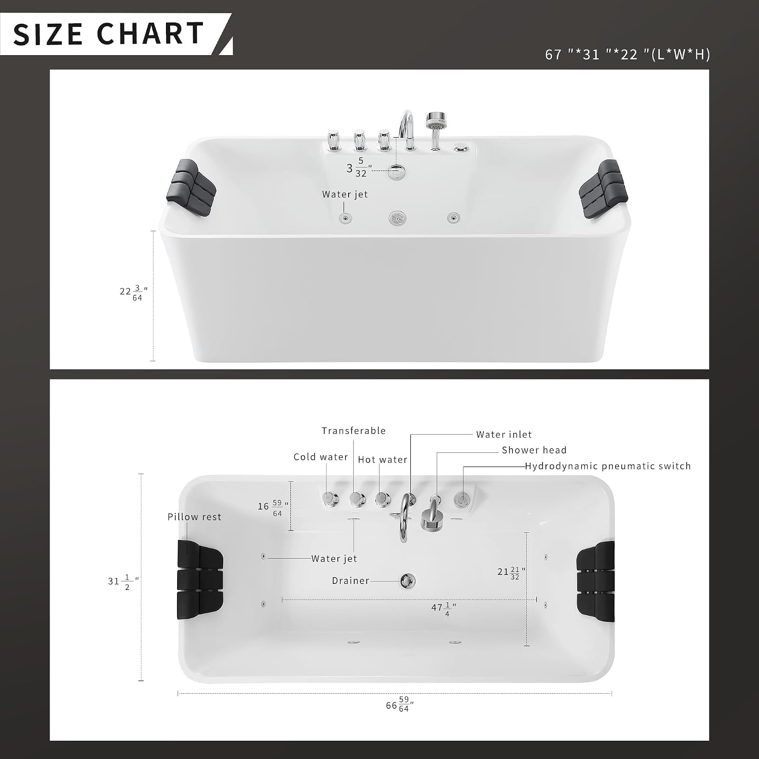 Empava 67-Inch Acrylic Freestanding Whirlpool Bathtub Gracefully Rectangular Shaped with 8 Water Jets Soaking SPA, Double-Ended Massage Bathtubs with Two Black Pillows, ETL Certified, White