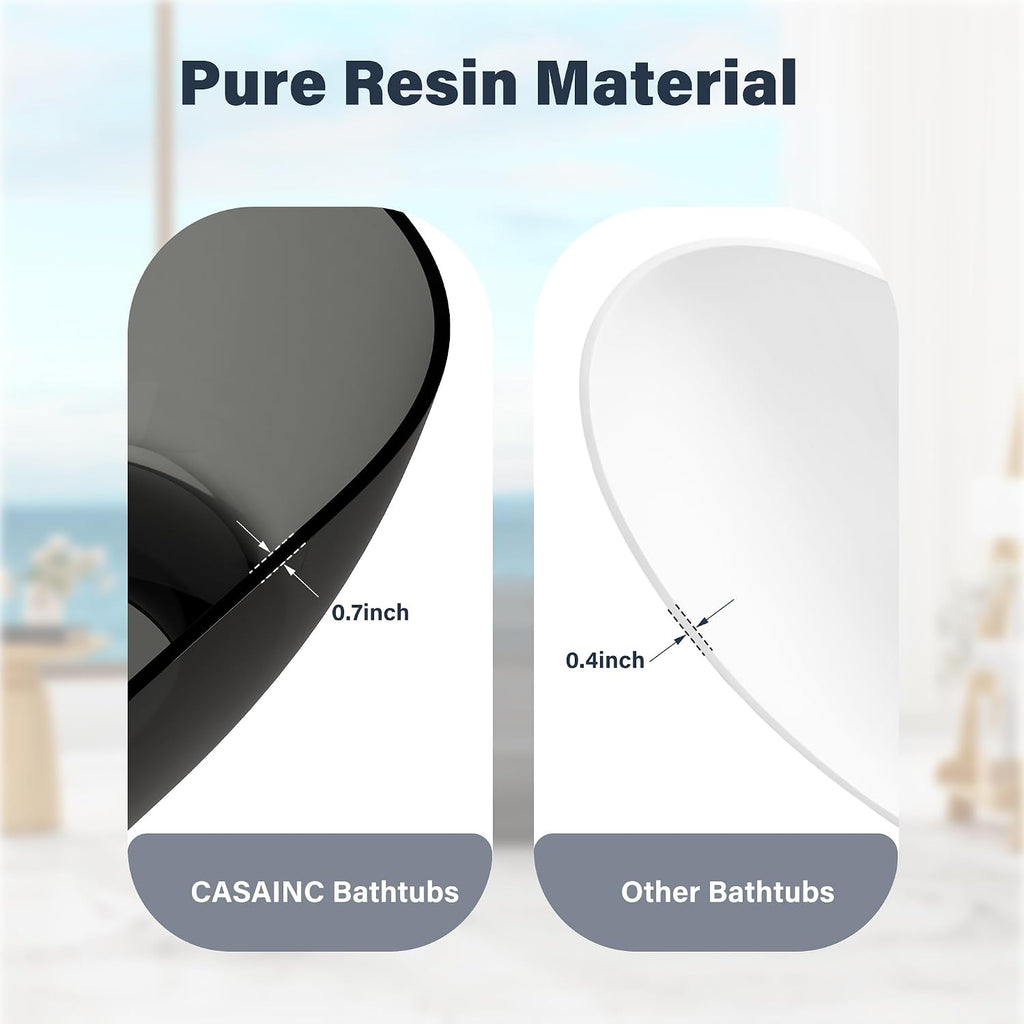 CASAINC 59' Resin Freestanding Bathtub Transparent Soaking Tub Modern Oval Design Stand Alone Tub with Pop-up Drain, 65.52 Gallons Water Storage Capacity 410 MM Soaking Depth, Transparent Ash Gray