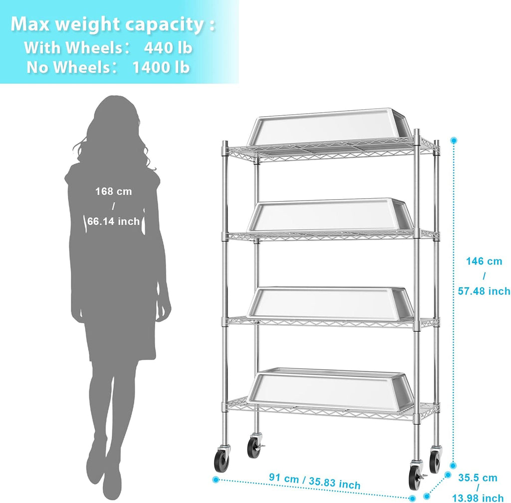 Auslar 4-Shelf Storage Shelves with Casters Heavy Duty 4 Tiers Rolling Cart Utility Racks Adjustable Wire Metal Shelving, Chrome