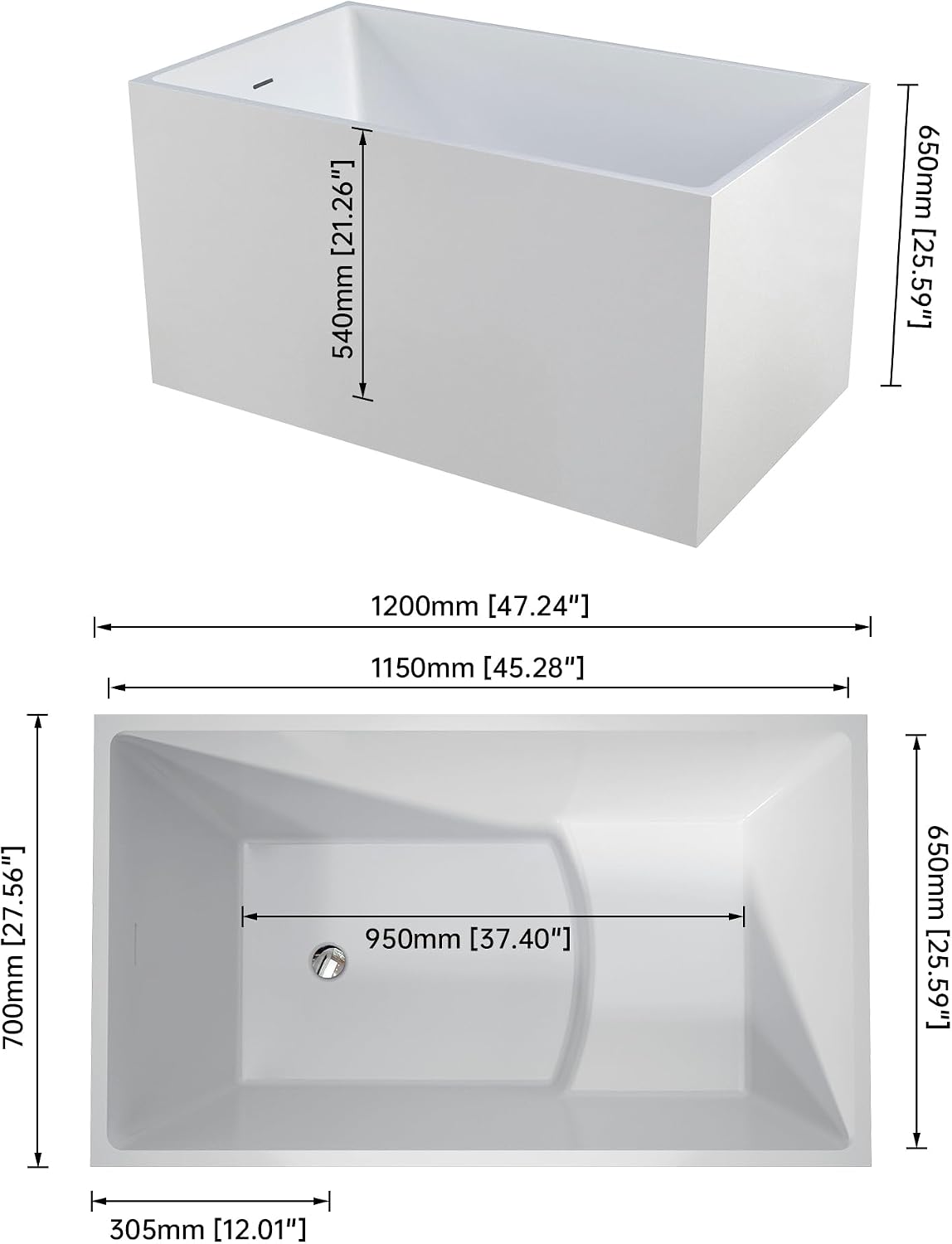 47' Modern Acrylic Free Standing Bathtub With Seat | Unique White Deep Square Soaking Tub with Overflow and CUPC Drain