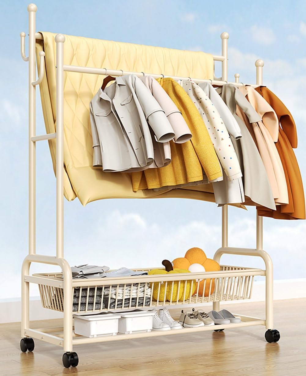 Double Garment Rack with Wheels, 100x45x170cm, Sturdy, Rolling Metal Clothes Rack with Shoe Shelf and Hooks for Closet
