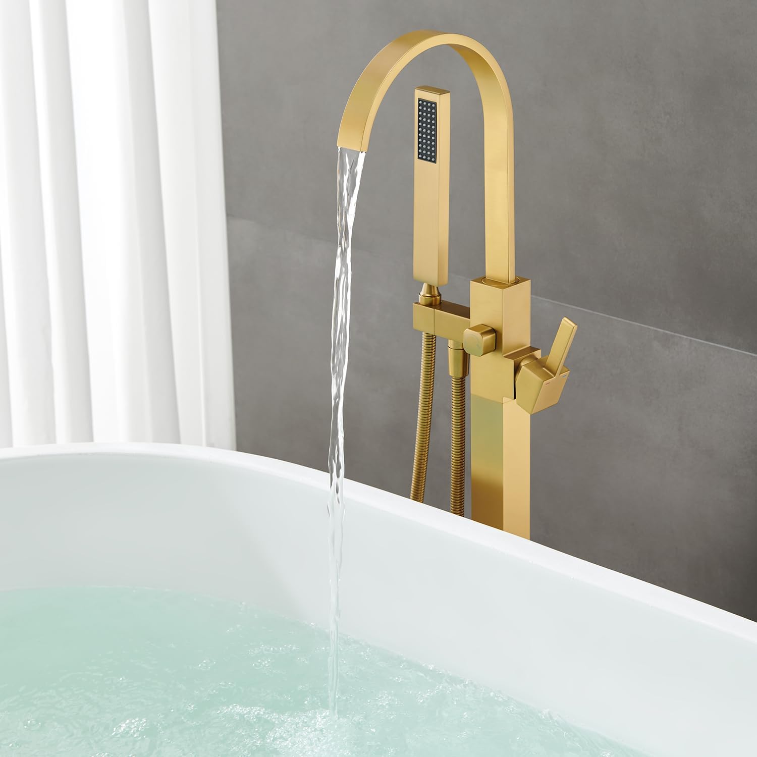 Freestanding Bathtub Faucet Floor Mount Tub Filler Brushed Gold Brass Bathroom Faucets Single Handle with Hand Shower