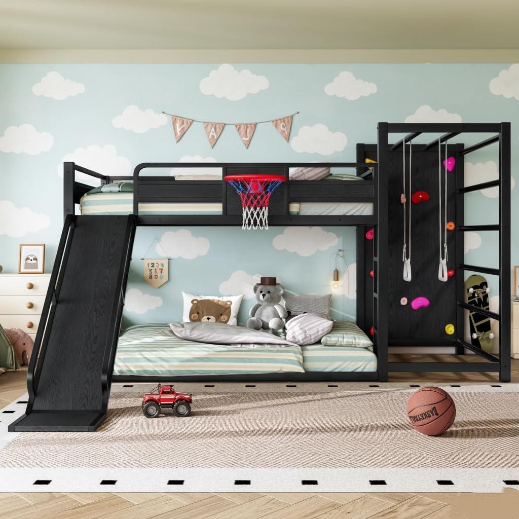 Multifunction Kids Loft Bed with Basketball Hoop, Slide, Pull-up Rings and Climbing Wall, Twin Metal Bunk Bed with Basketball Hoop, Pull-Up rings, Climbing Wall, and Built-in Bookshelves, Black