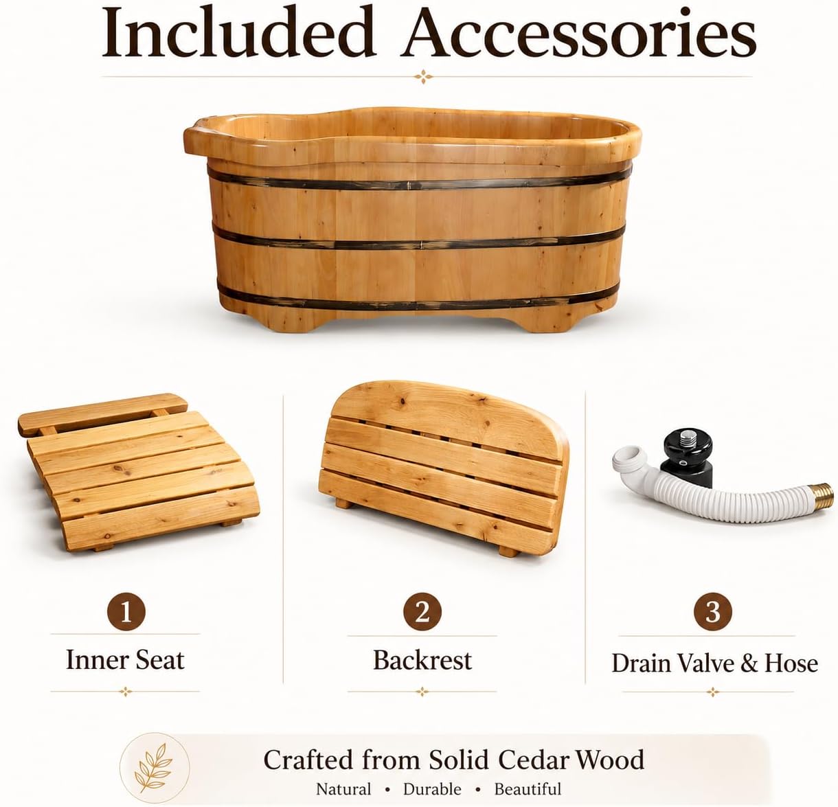 Thick Solid Cedar Wood Bath Tub, 51 Inch Freestanding Soaking Tub with Triple Reinforced Steel Bands & Adjustable Inner Seat