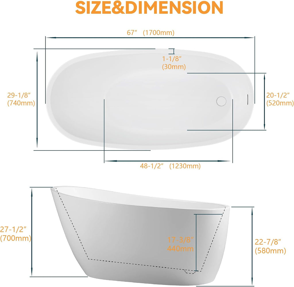 67' High-back Acrylic Tub, Freestanding Bathtubs, Soaking Tubs with Integrated Overflow and Drain, cUPC Certified