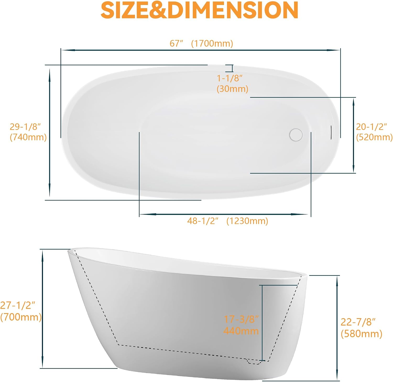 67' High-back Acrylic Tub, Freestanding Bathtubs, Soaking Tubs with Integrated Overflow and Drain, cUPC Certified