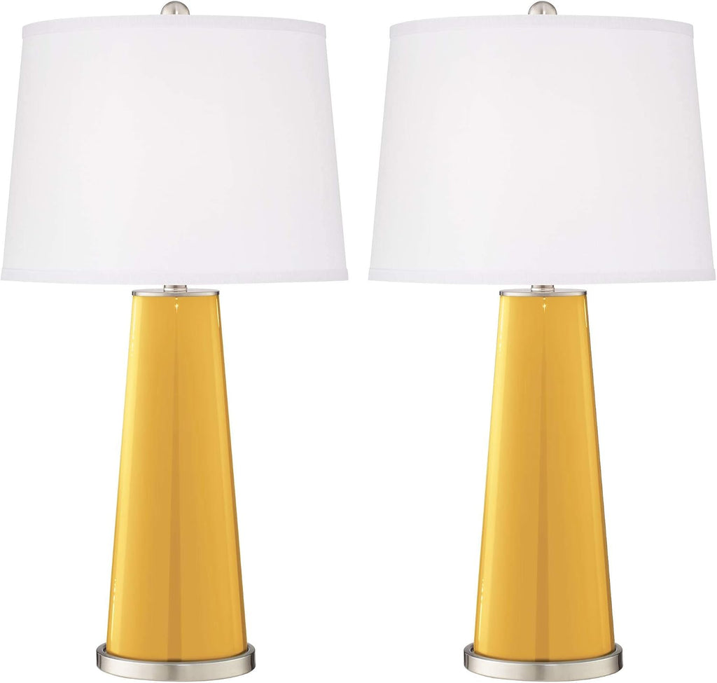 Color + Plus Leo Modern Table Lamps 29 1/2' Tall Set of 2 Goldenrod Glass Tapered Column Plain White Drum Shade Decor for Bedroom Living Room House Home Bedside Nightstand Office Family