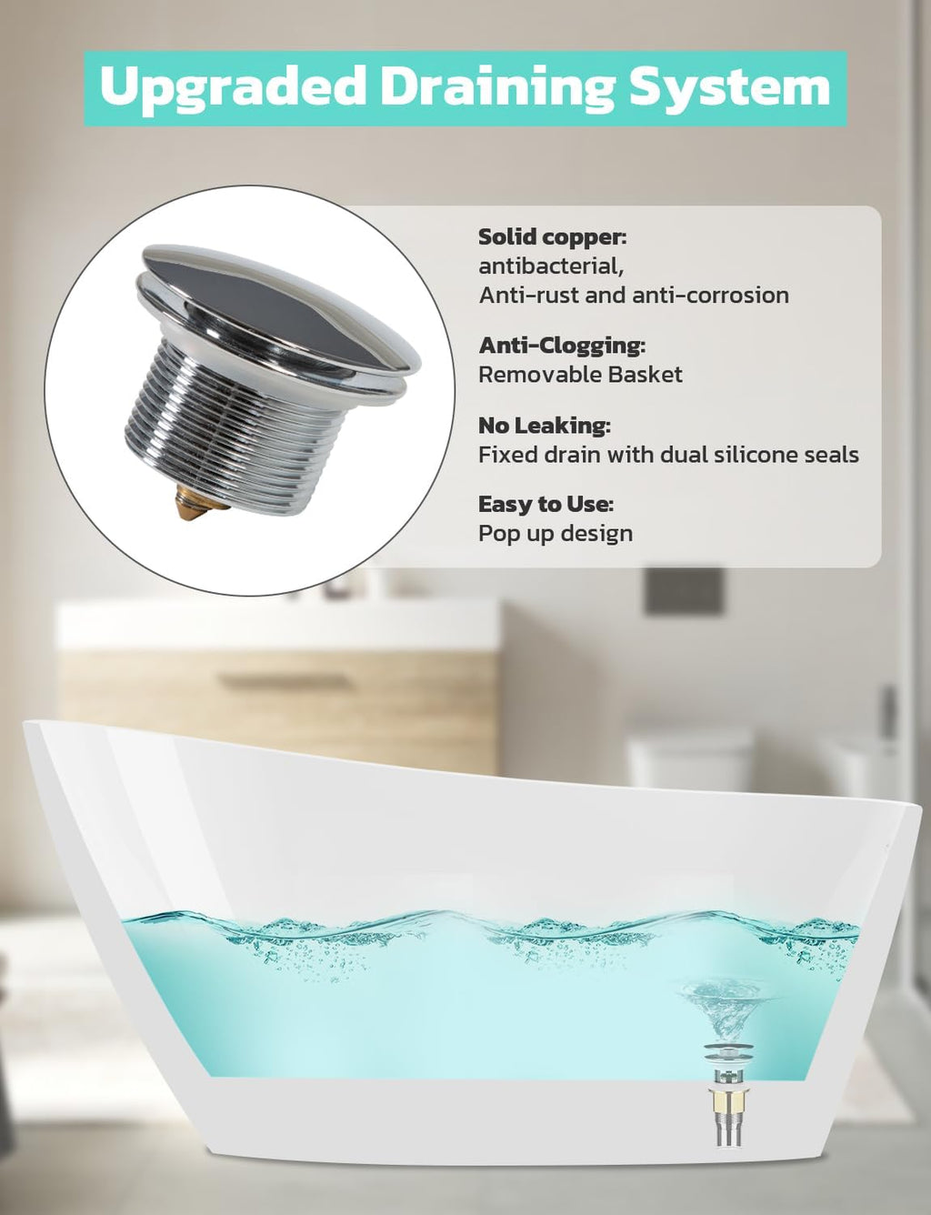 Zevemomo 63' Acrylic Freestanding Bathtub, Modern Soaking Bathtub, High Gloss White Contemporary Stand Alone Tub with Brushed Nickel Finish Drain and Overflow, Easy to Install, cUPC Certified