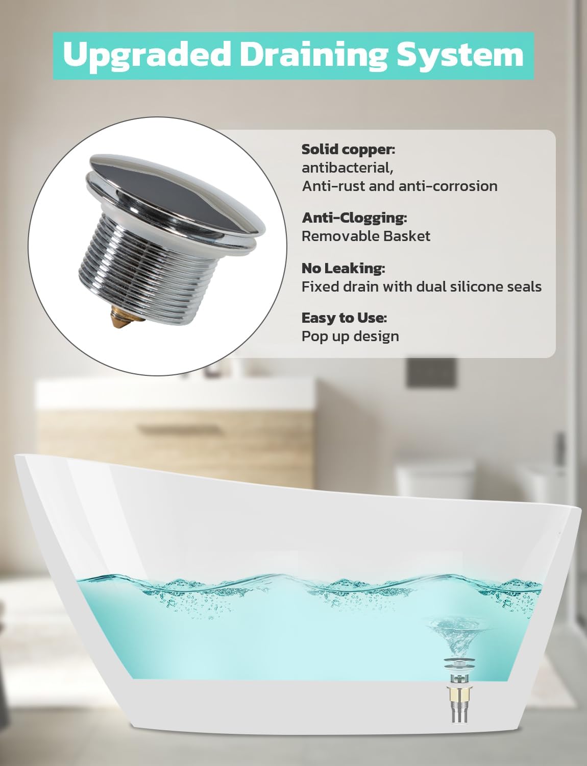 Zevemomo 63' Acrylic Freestanding Bathtub, Modern Soaking Bathtub, High Gloss White Contemporary Stand Alone Tub with Brushed Nickel Finish Drain and Overflow, Easy to Install, cUPC Certified