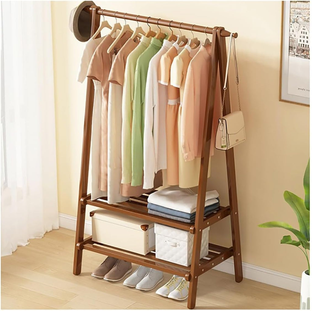 Coat Rack Stand With Shoe Storage Shelf Standing Height Adjustable Garment Rack For Hats Coats And Clothes Solid Wood Bamboo Metal Tree Design Easy Assembly And Collapsible Option,Brown 66*41*154Cm