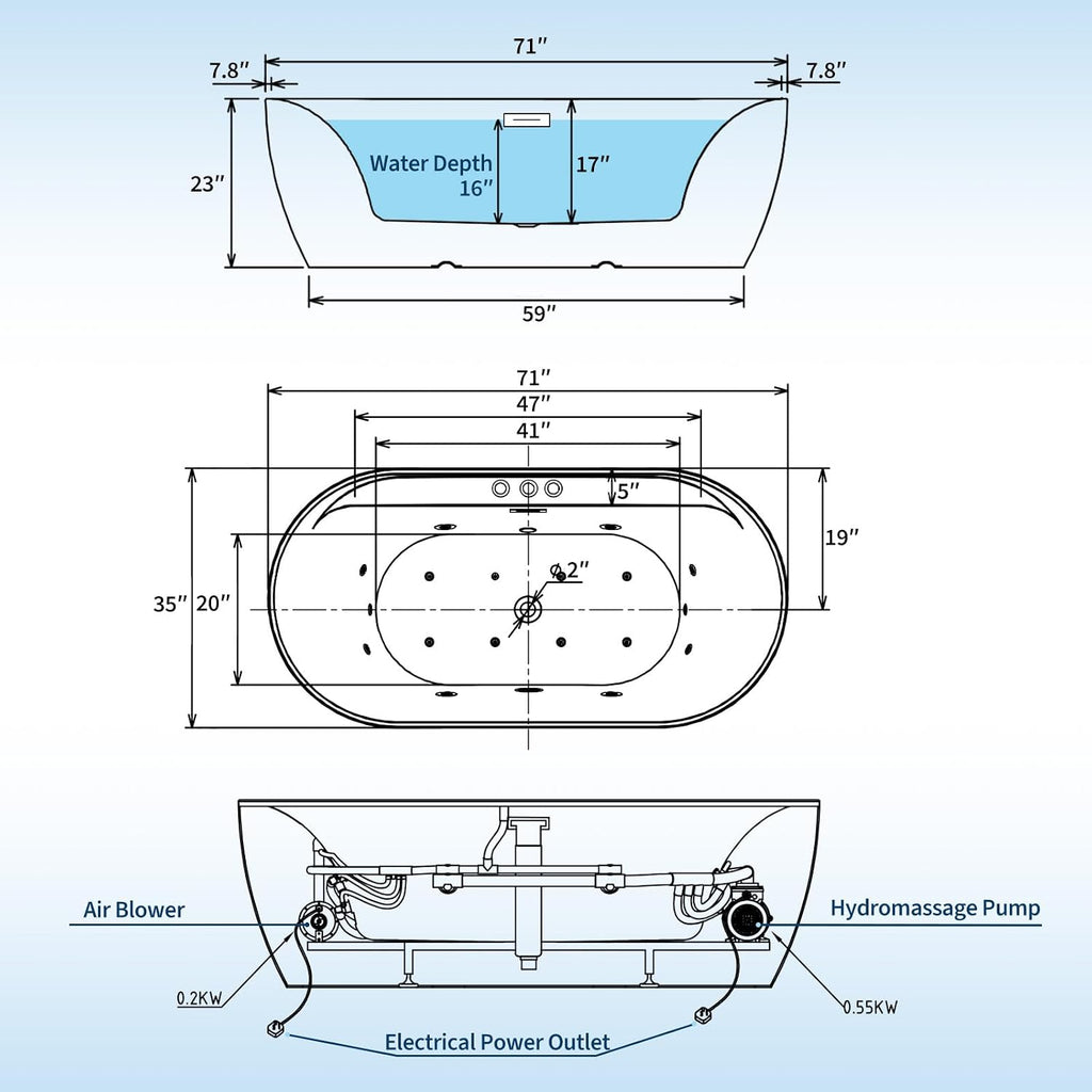 71 Inch Freestanding Jetted Tub,Acrylic Massage Bathtub with 10 Jets and LED Chromatherapy, White Jetted Bath Tub for Modern Bathrooms