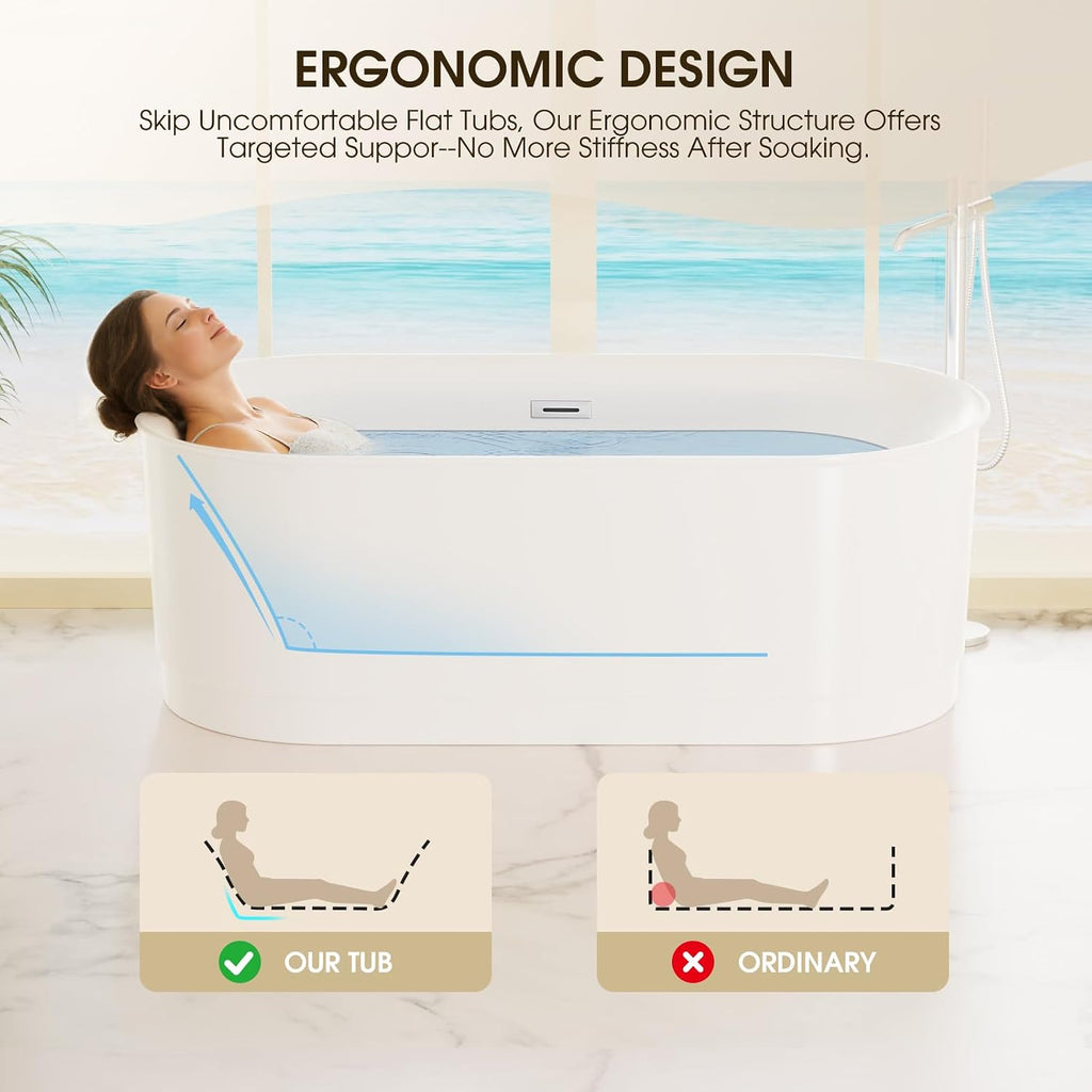 67' Acrylic Freestanding Bathtub, 15' Deep Soaking Tub with Integrated Overflow & Drain, CUPC Certified Free Standing Tub, Chrome Drain Bath Tub, Modern Tub for Bathrooms, Flip-edge White