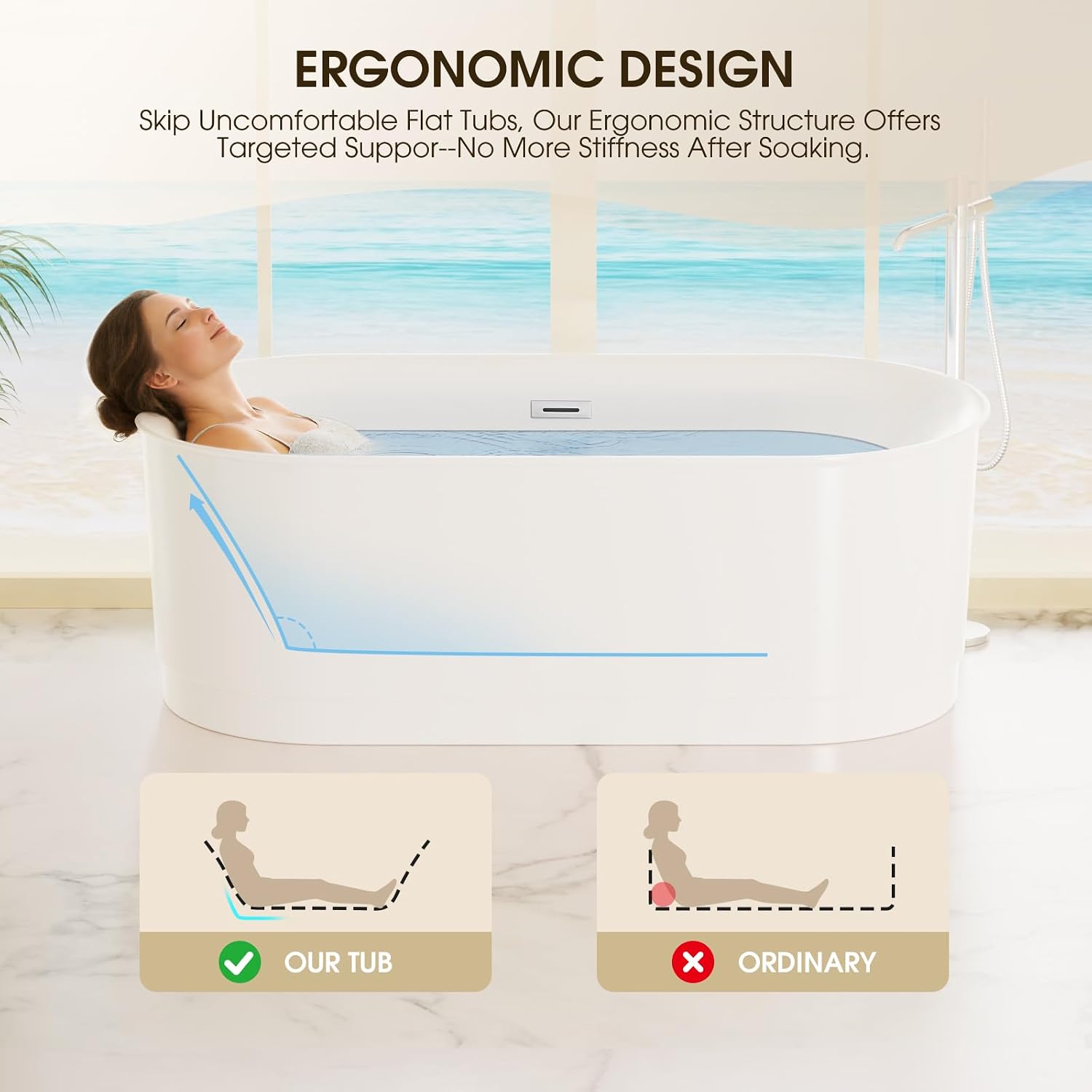 67' Acrylic Freestanding Bathtub, 15' Deep Soaking Tub with Integrated Overflow & Drain, CUPC Certified Free Standing Tub, Chrome Drain Bath Tub, Modern Tub for Bathrooms, Flip-edge White