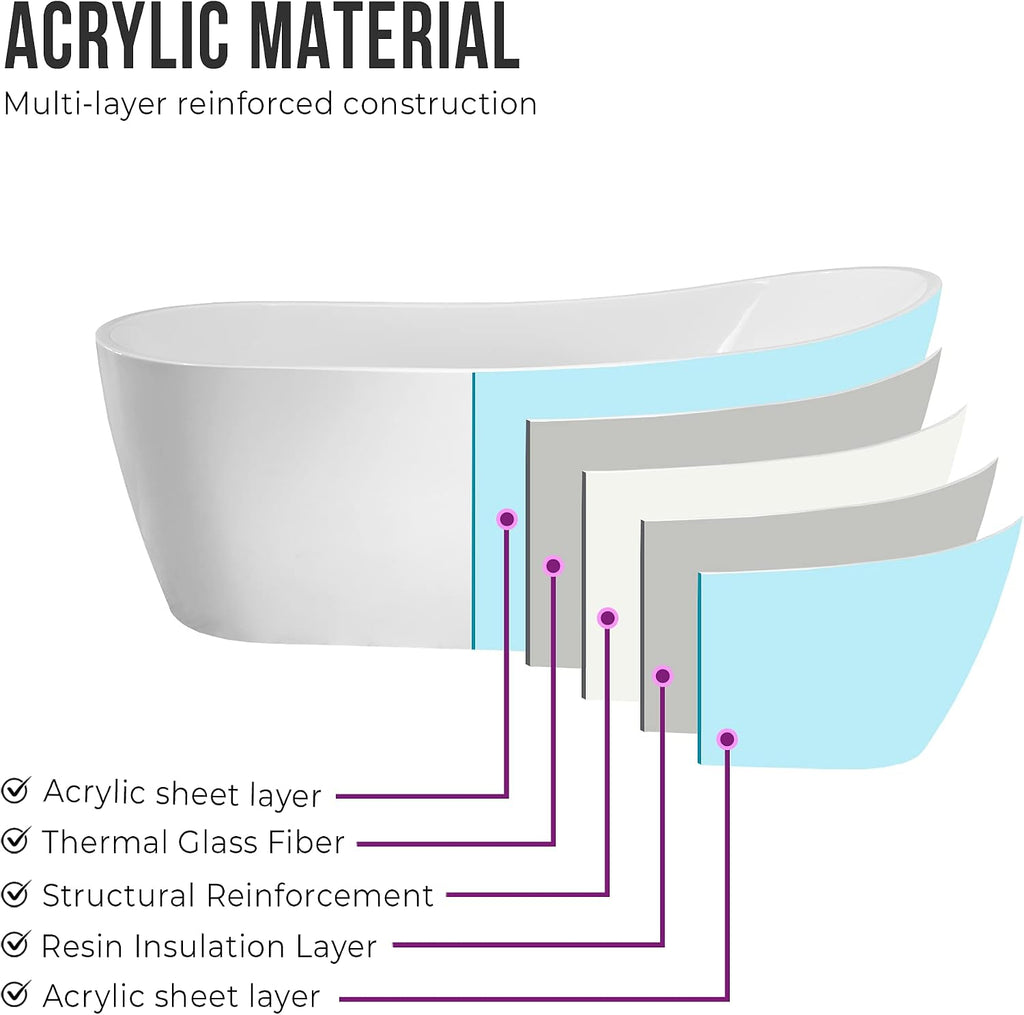 Vanity Art 59 X 29 Inch White Acrylic Freestanding Bathtub | Contemporary Design Soaking Tub with Pop-up Drain and Slotted Overflow Included, UPC Certified VA6904-S-TG