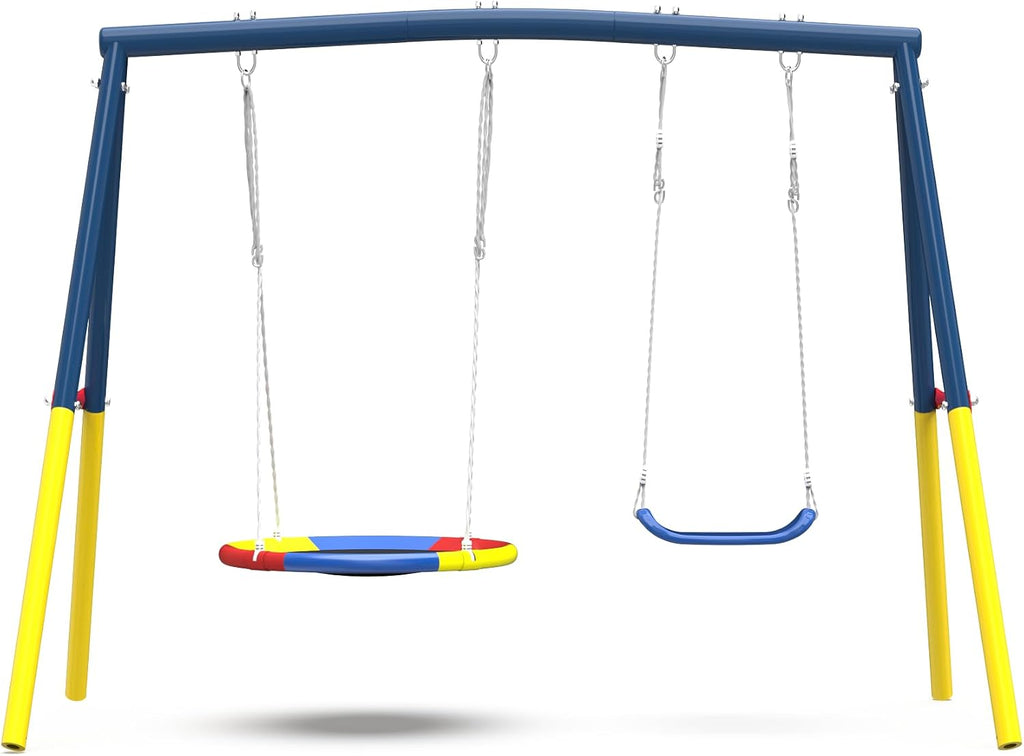 440lbs Swing Set for Backyard with Stand, Swing Heavy Duty Metal Outdoor Swing Stand, Contain 1 Saucer 32' & 1 Belt seat 26.2' for Playground - Backyard Playset, Adjustable Rope (Blue)