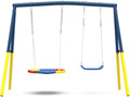 440lbs Swing Set for Backyard with Stand, Swing Heavy Duty Metal Outdoor Swing Stand, Contain 1 Saucer 32' & 1 Belt seat 26.2' for Playground - Backyard Playset, Adjustable Rope (Blue)