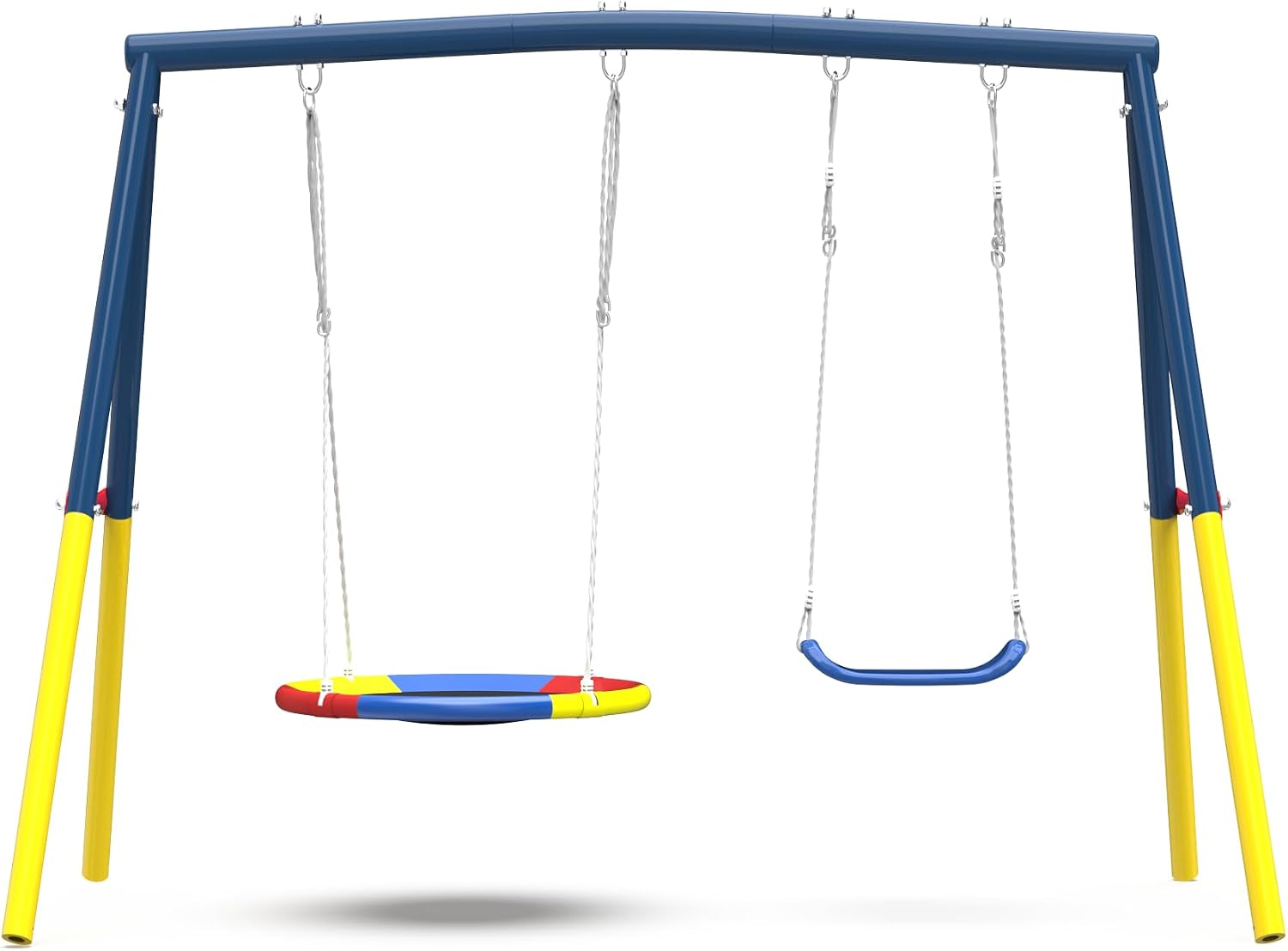 440lbs Swing Set for Backyard with Stand, Swing Heavy Duty Metal Outdoor Swing Stand, Contain 1 Saucer 32' & 1 Belt seat 26.2' for Playground - Backyard Playset, Adjustable Rope (Blue)