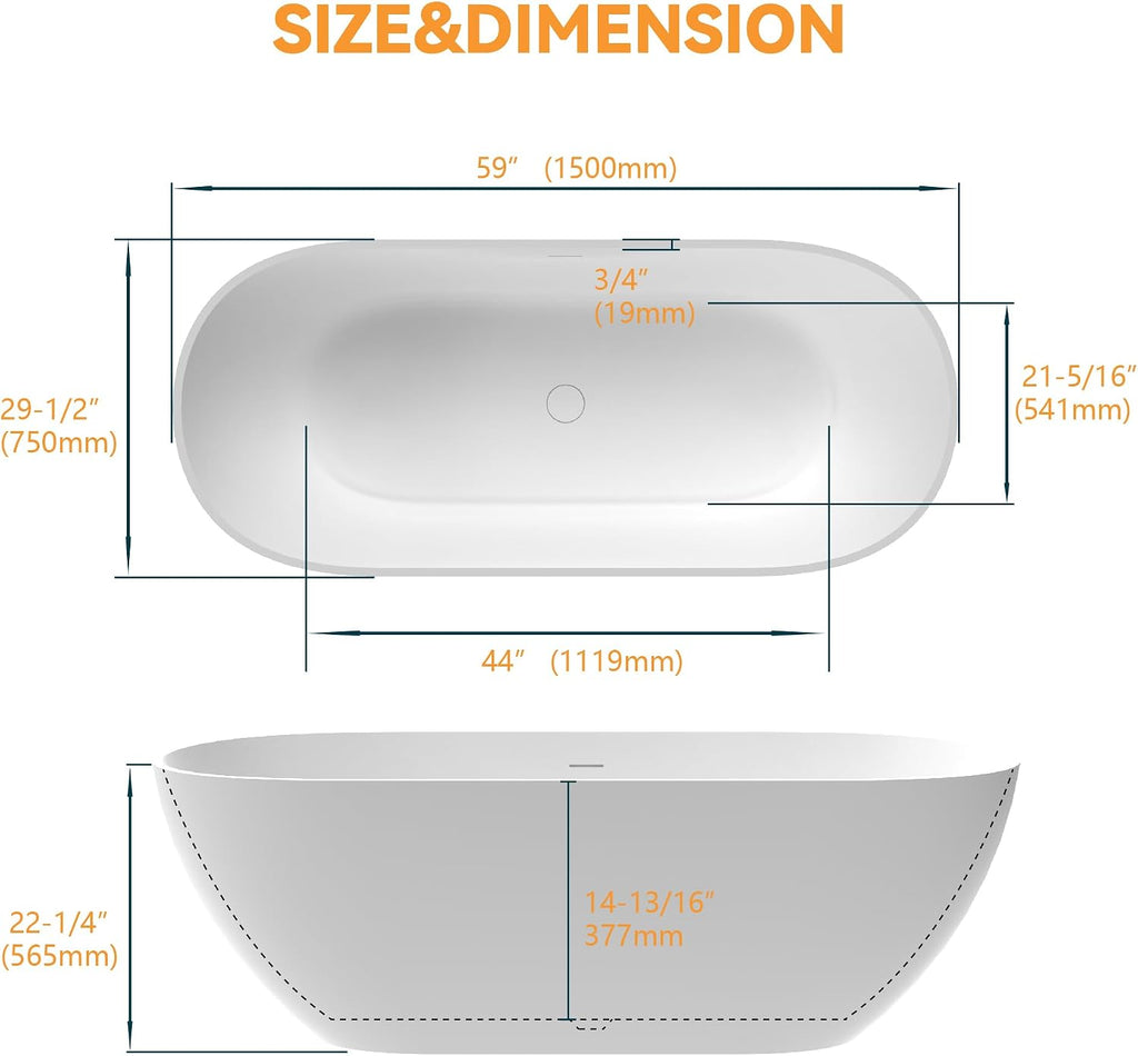 59' Resin Stone Freestanding Bathtub, Oval Solid Surface Freestanding Tub, Stand Alone Tub, Integrated Slotted Overflow and Pop-up Drain, Matte White