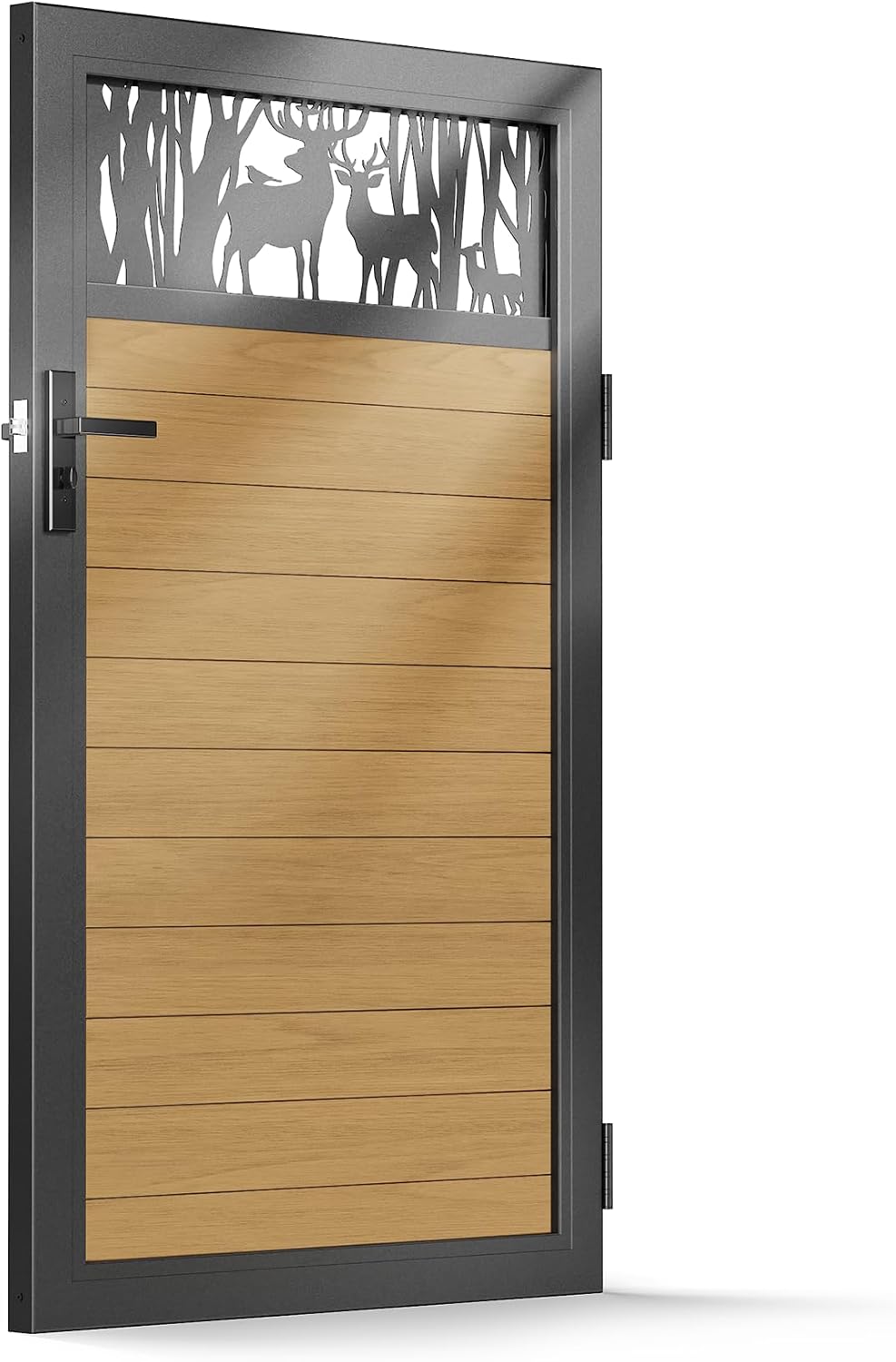3x5 FT Aluminum Fence Gate Kit Wood Grain Aluminum Gate with Decorative Cutout, Lock & Hinges, Left/Right Opening, Weather Resistant for Yard Garden Patio