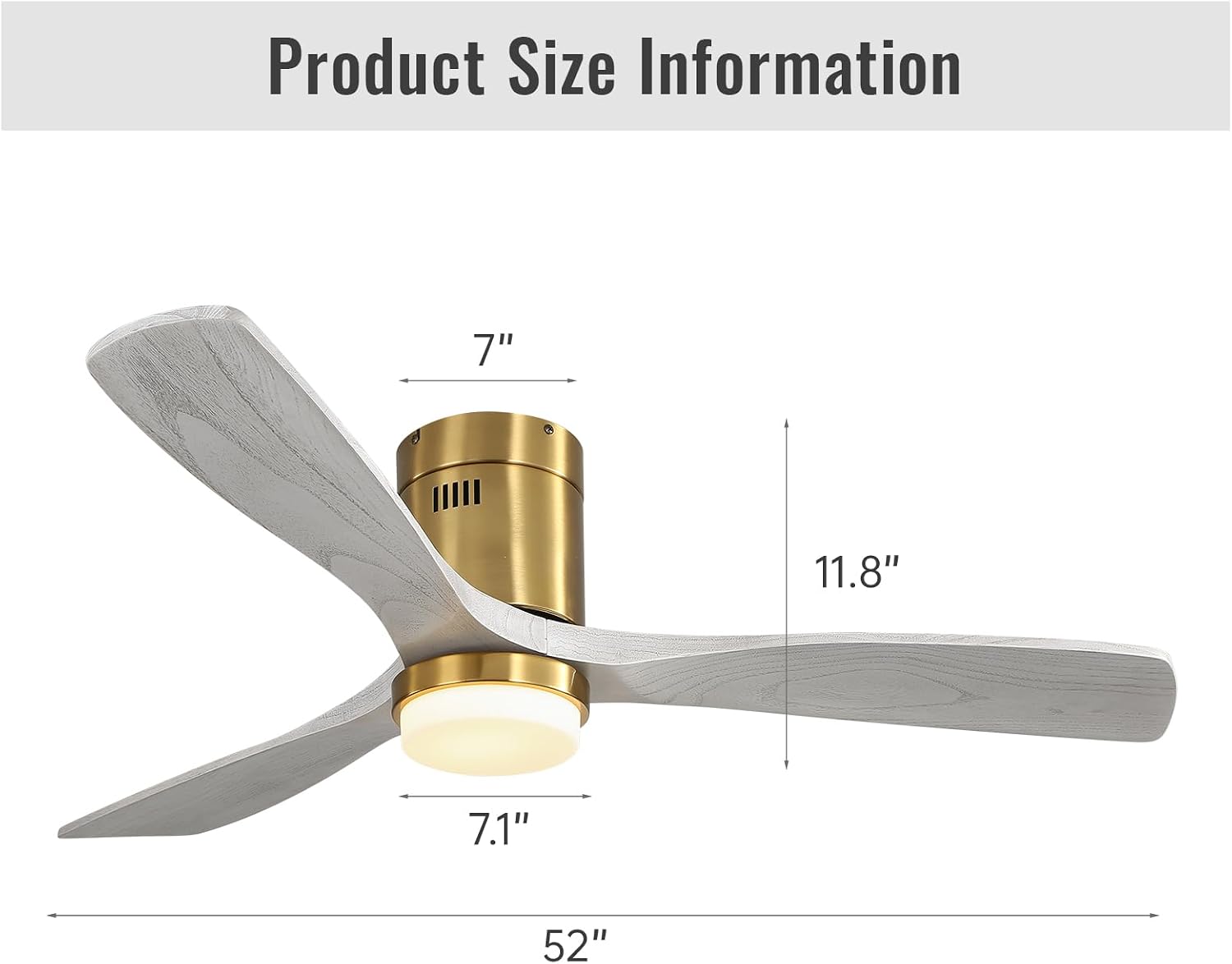 Sofucor Ceiling Fans with Lights and Remote, 52 Inch Flush Mount Ceiling Fan with Light, Quiet DC Motor, 6 Speed, 3 Blade Solid Wood Ceiling Fans for Bedroom Farmhouse Patio