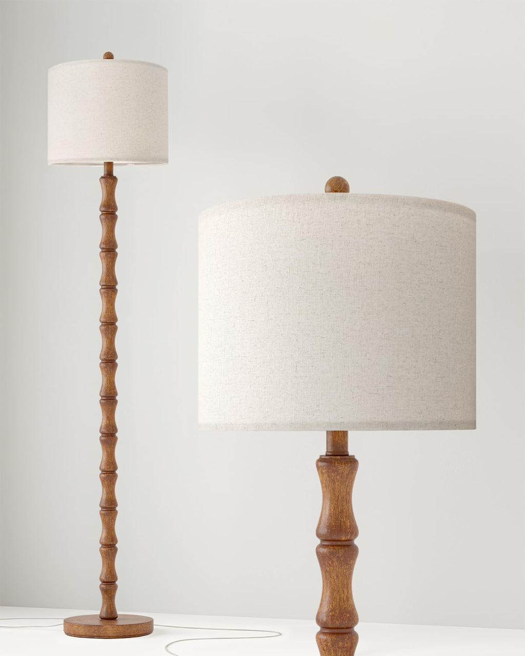 BOBOMOMO Farmhouse Table and Floor Lamp Set of 3, Vintage Lamp Set with Fabric Shade for Living Room, Bedroom, Side Table, Reading Corner