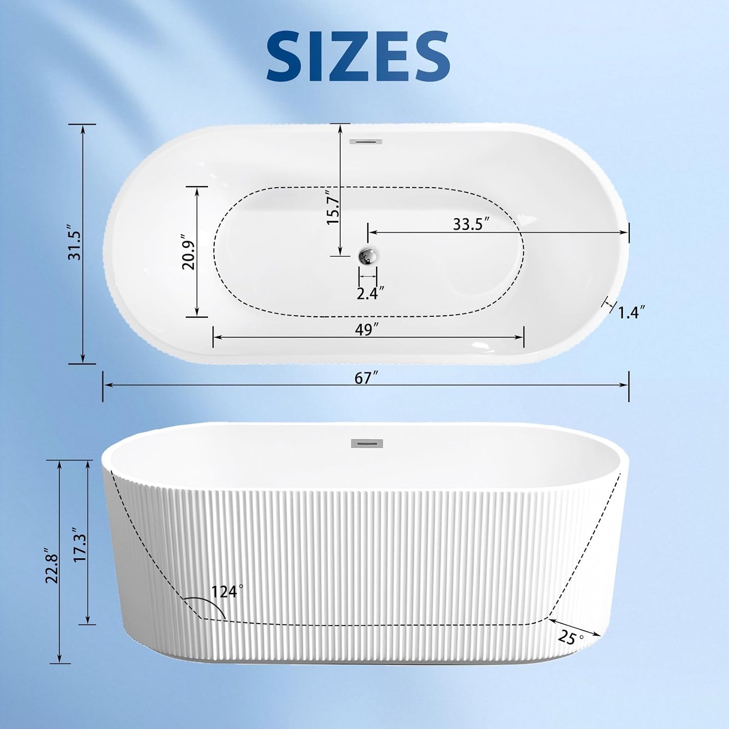 67' Freestanding Bathtub, cUPC Certified Acrylic Soaking Tub with Chrome Overflow & Toe-Tap Drain, Oval Stand Alone Soaker Tub for Modern Bathroom, Glossy White