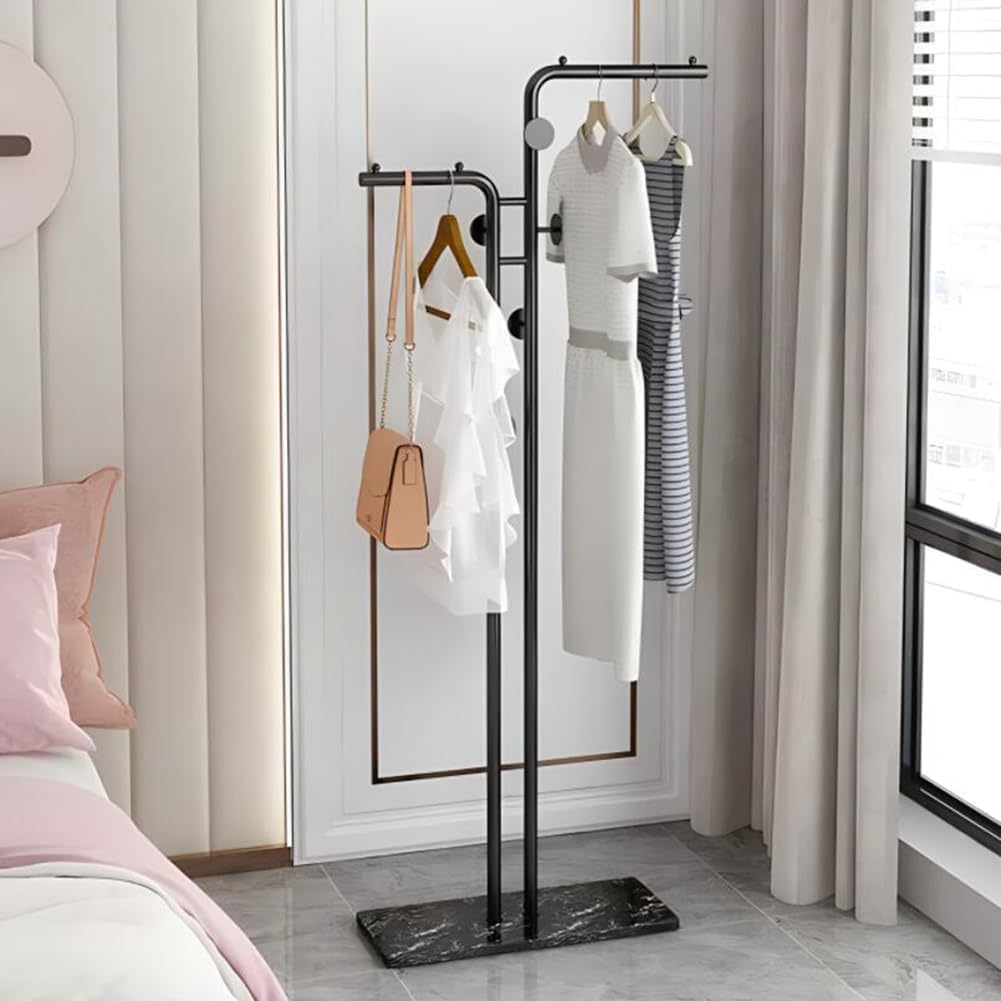 Garment Rack with 5 Round Hooks and Heavy Duty Marble Base, Metal Coat Rack, Double-Pole Freestanding Coat Stand, for Entryway, Living Room, Bedroom, Office(Black)