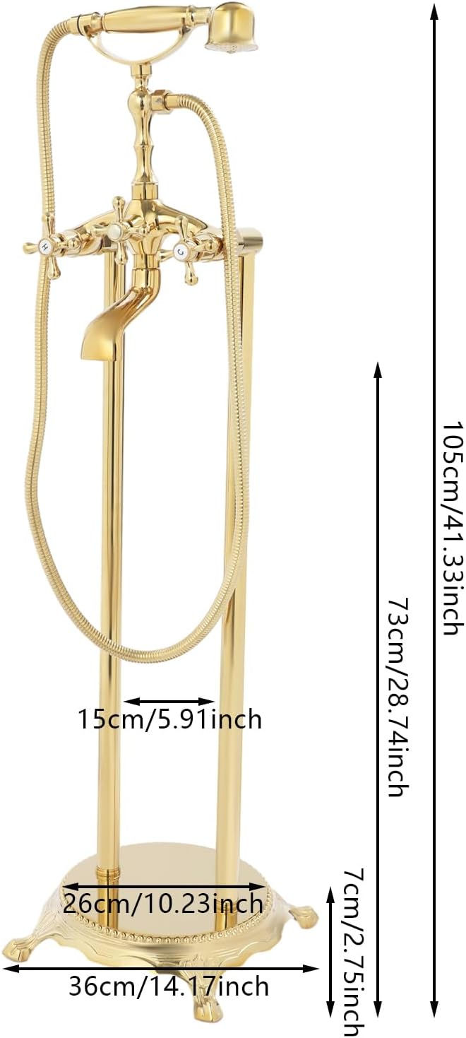 Freestanding Bathtub Faucet, Tub Filler with Handheld Shower, Brushed Nickel, Floor Mount Bathtub Faucet (Gold)