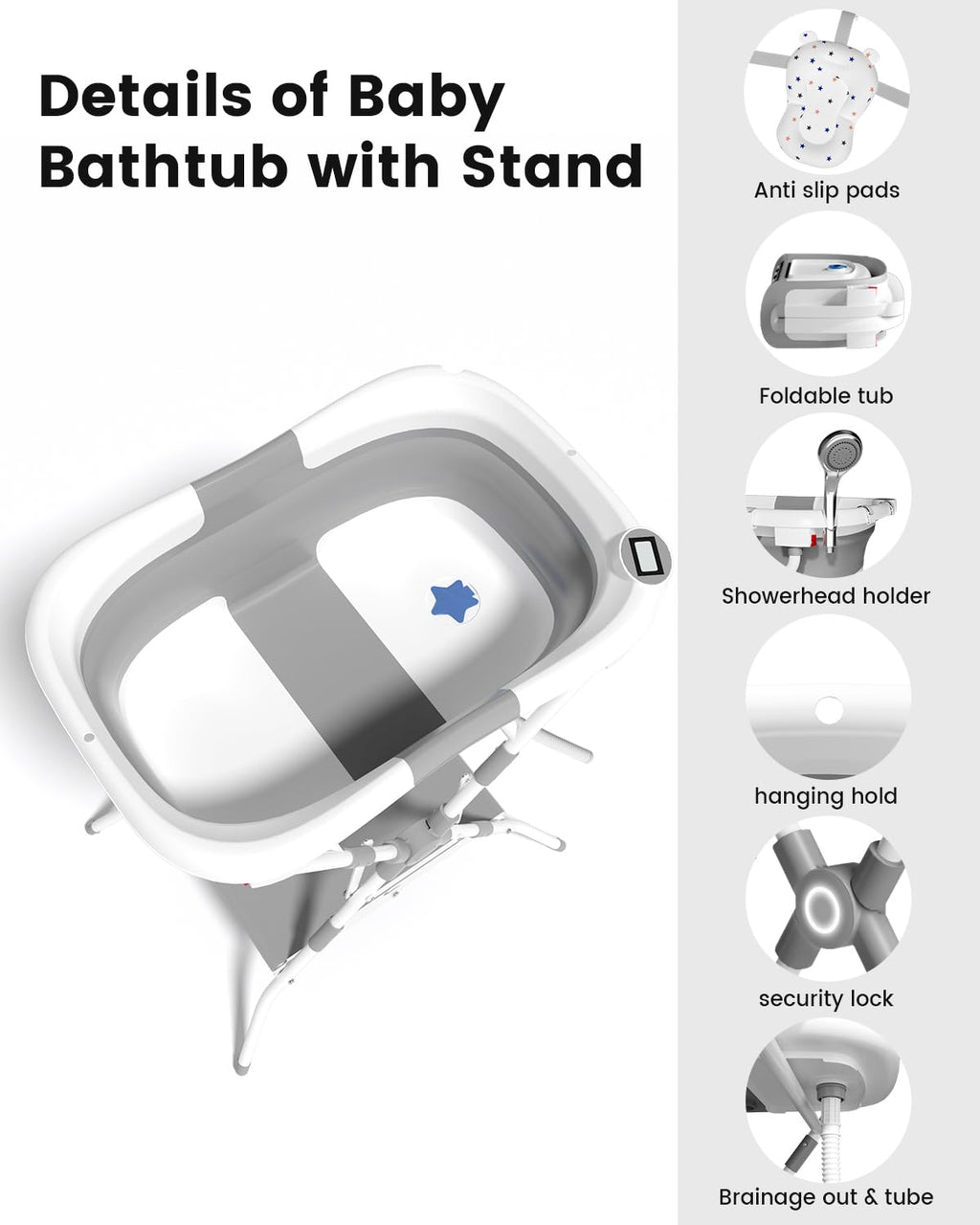 Baby Bathtub with Stand, 2-in-1 Collapsible Bath Tubs for Newborn to Toddler, Infant Bathtub with Folding Stand, Portable Bathtub for Baby Including Soft Cushion, Storage Pad (Gray)