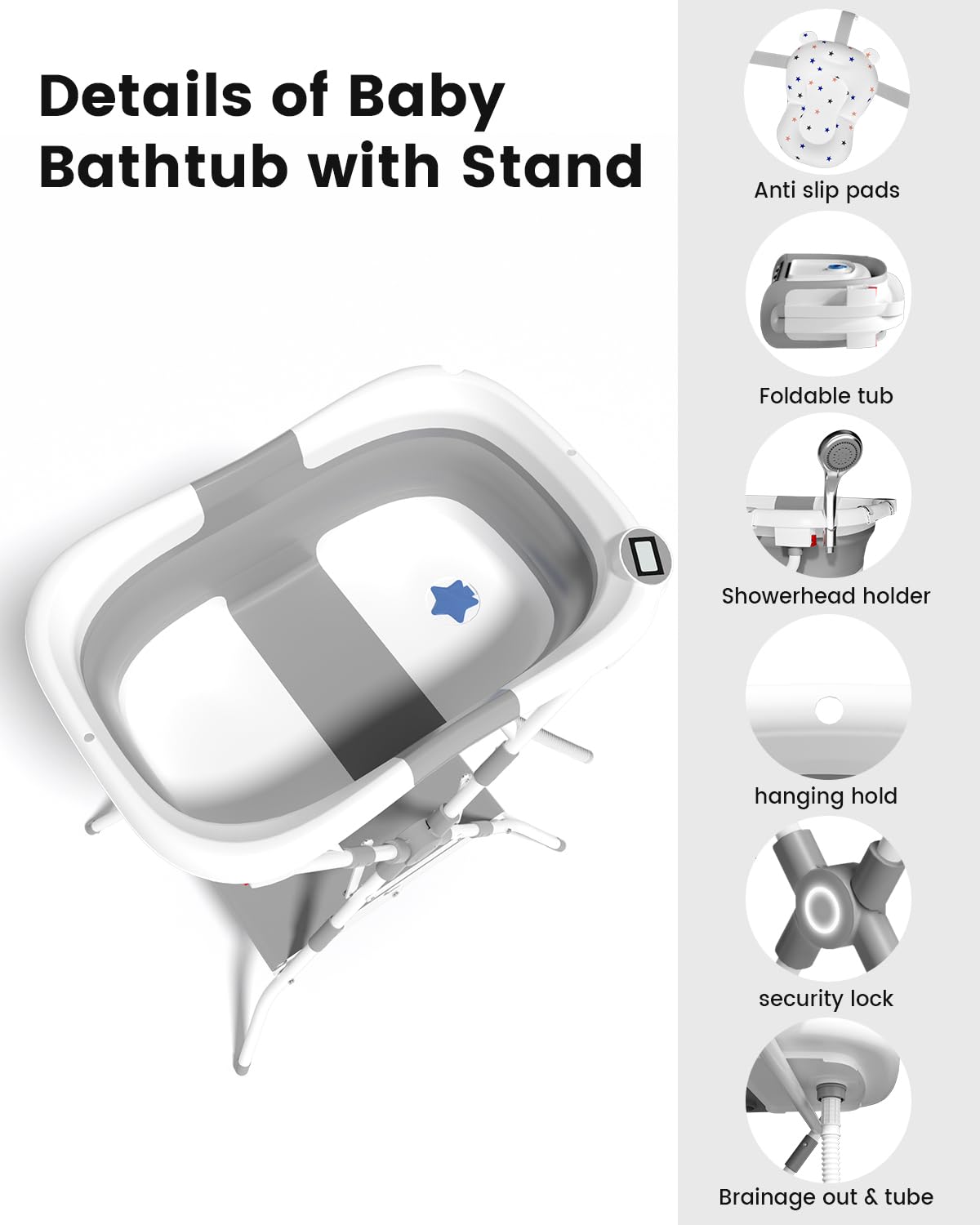 Baby Bathtub with Stand, 2-in-1 Collapsible Bath Tubs for Newborn to Toddler, Infant Bathtub with Folding Stand, Portable Bathtub for Baby Including Soft Cushion, Storage Pad (Gray)