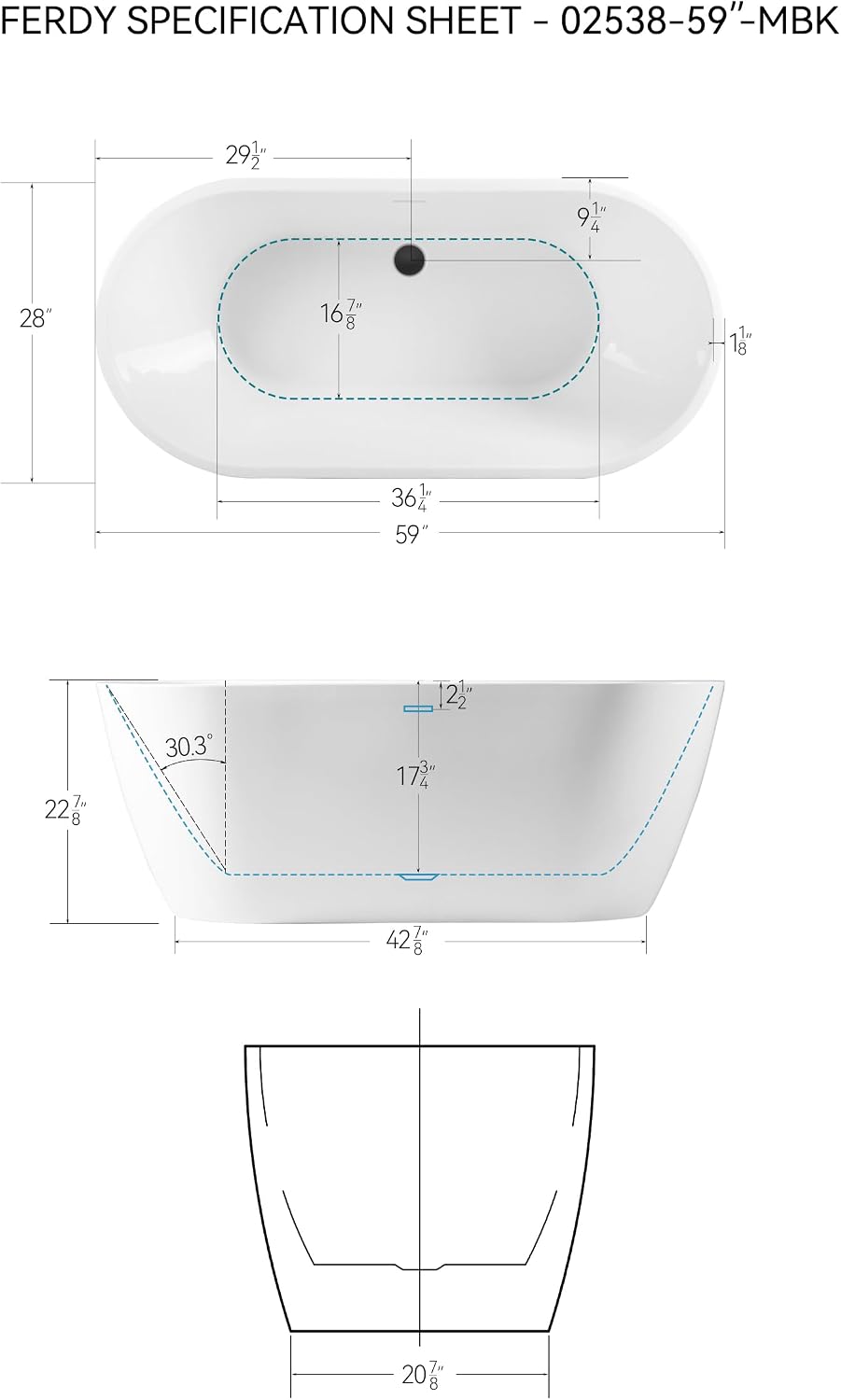 FerdY 59' Acrylic Freestanding Bathtub, Contemporary Soaking tub with Matte Black Drain & Overflow, Elegant Oval Shape, cUPC Certified, Bali