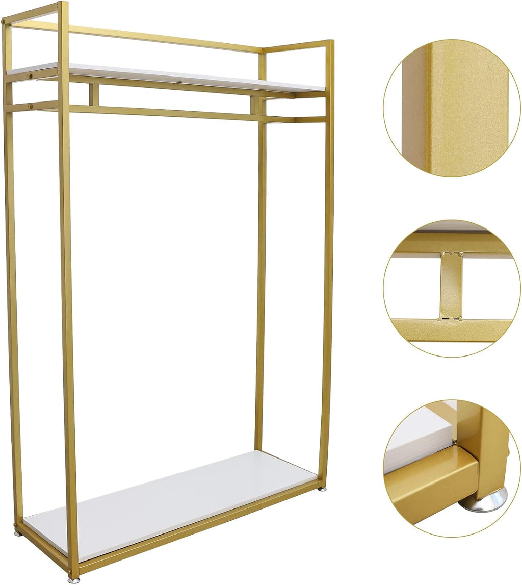 Gold Metal Clothes Display Stand with Panel,Heavy Duty Rectangle Retail Clothes Rack,Freestanding Garment Rack for Boutiques or Home (with Panel)
