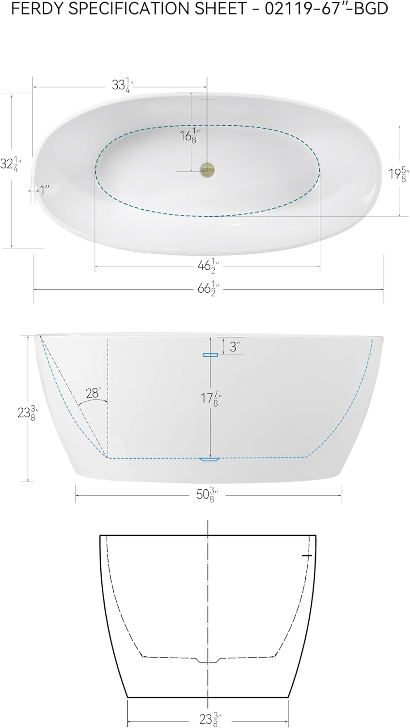 FerdY 67' Acrylic Freestanding Bathtub, Contemporary Soaking tub with Brushed Gold Drain, Elegant Oval Shape, cUPC Certified, Tahiti