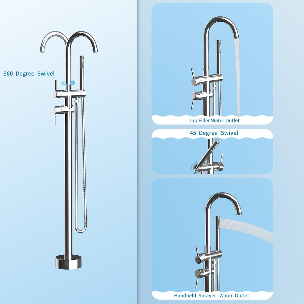 Freestanding Bathtub Faucet,Tub Filler Floor Mount Stand Bathtub Faucet Brass Bathroom Tub Faucets with 2 Function Hand Shower Wand Swivel Polished Chrome