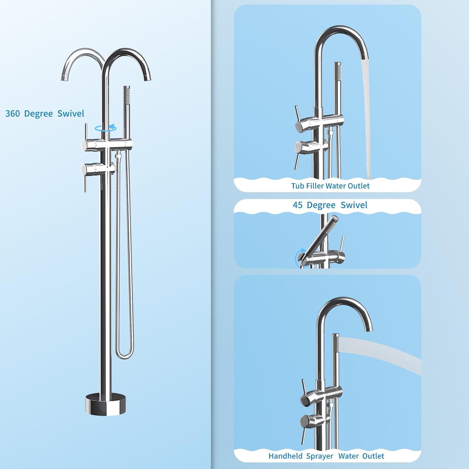 Freestanding Bathtub Faucet,Tub Filler Floor Mount Stand Bathtub Faucet Brass Bathroom Tub Faucets with 2 Function Hand Shower Wand Swivel Polished Chrome