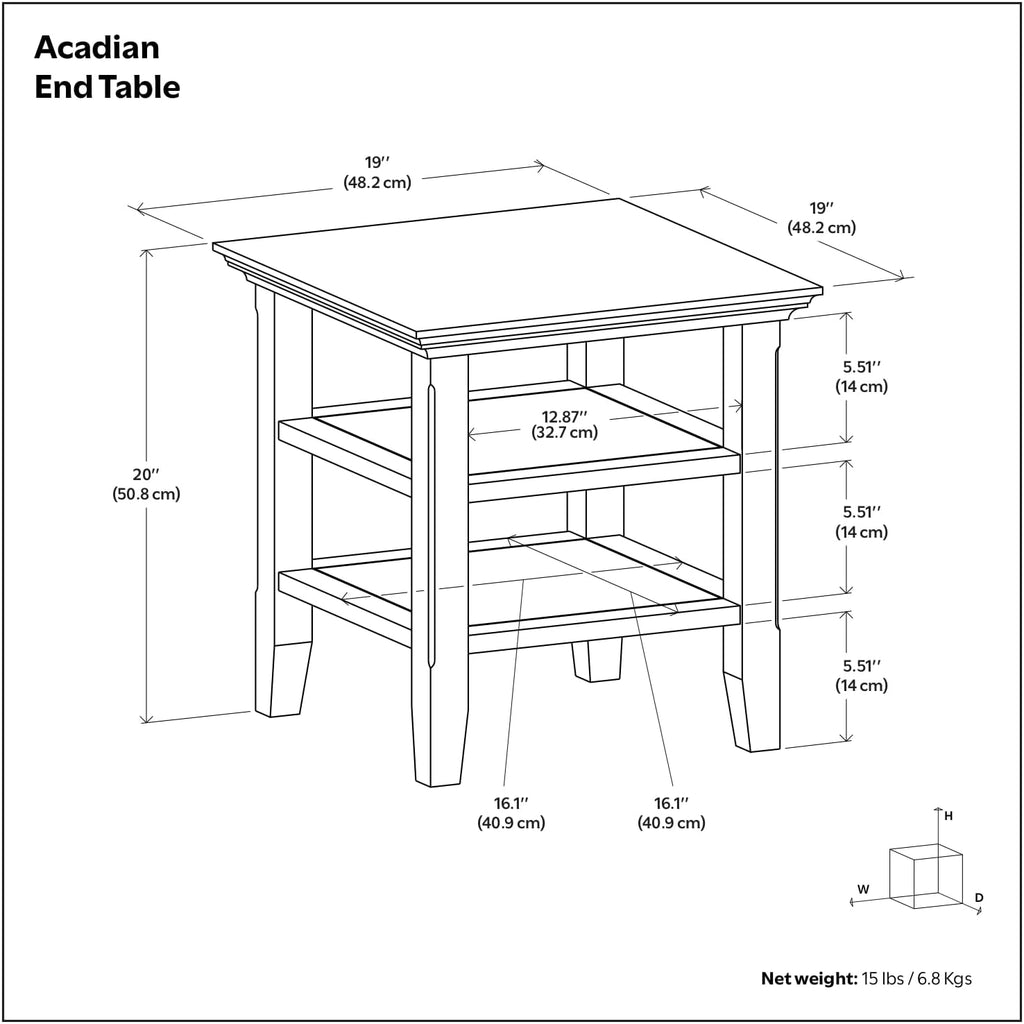 SIMPLIHOME Acadian End Table - 19 inch Wide Solid Wood Square Side Table with 2 Open Shelves in Black, Transitional Nightstand or Shelving Unit for Living Room or Bedroom with Storage