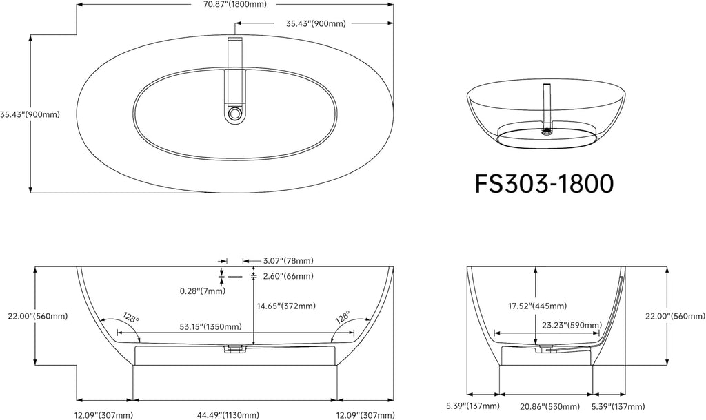 Tubcraft 71' Stone Resin Freestanding Bathtub, Modern Solid Surface Luxury Stand Alone Soaking Tub with Pop-up Drain and Overflow, Matte White,303MW1800