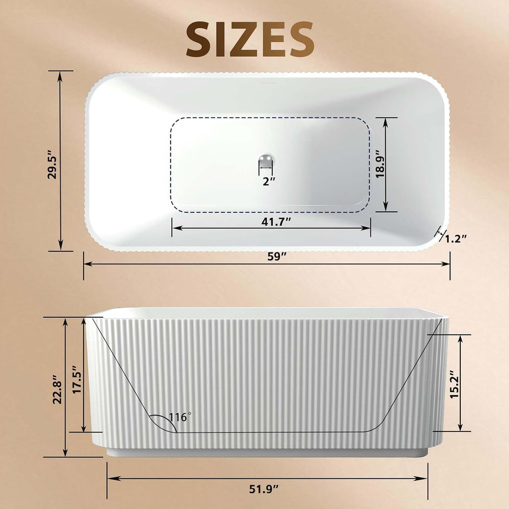 59' Acrylic Freestanding Tub, Rectangle Linear Stand Alone Soaking Tubs with Pop-up Chrome Drain, Free Standing Bathtubs with CUPC Certified, White