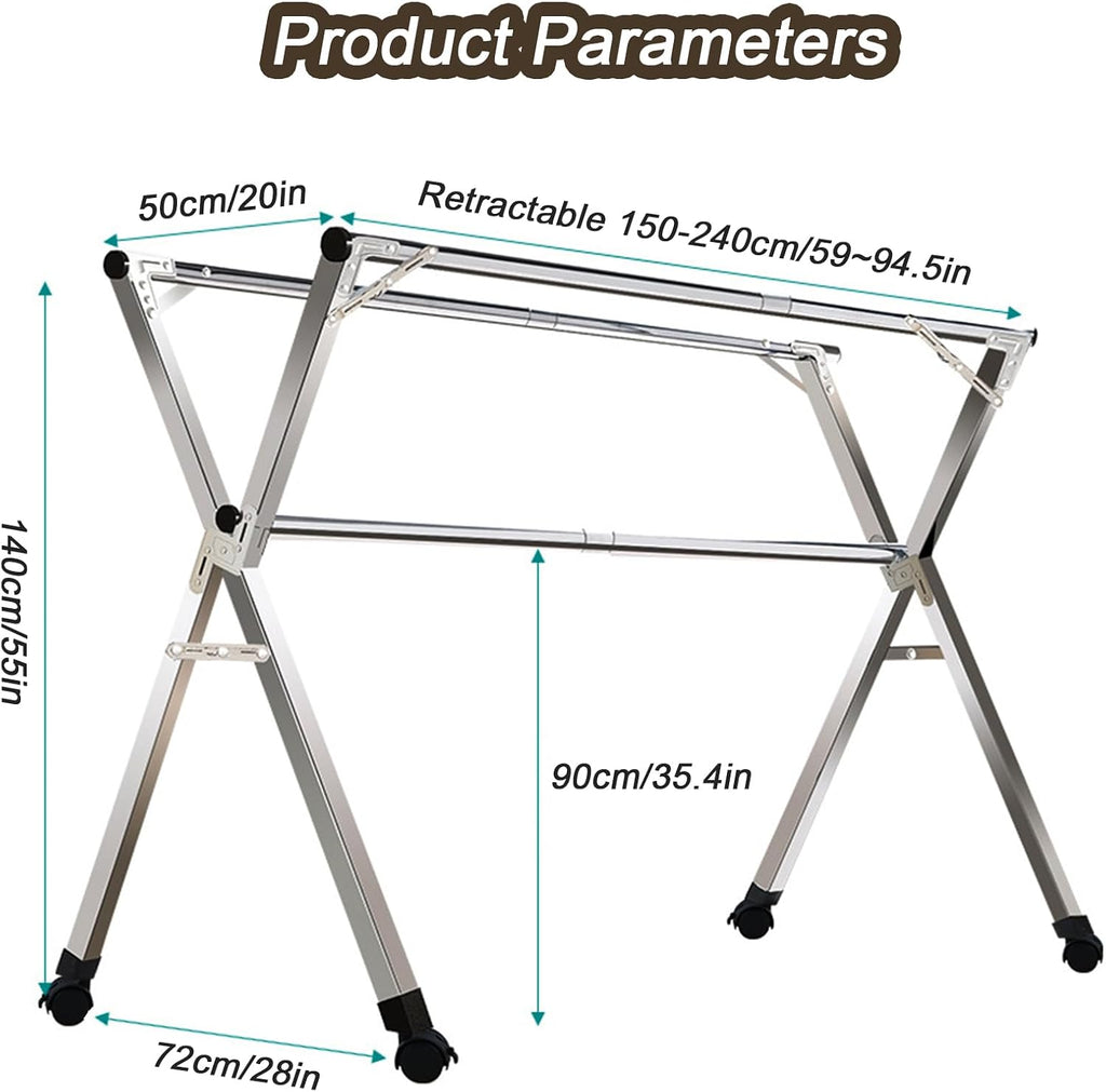 94in Drying Rack Clothing Foldable - Retractable Clothes Racks for Hanging Clothes - Stainless Steel Laundry Drying Rack with Wheels - Collapsible Garment Rack Free Installed