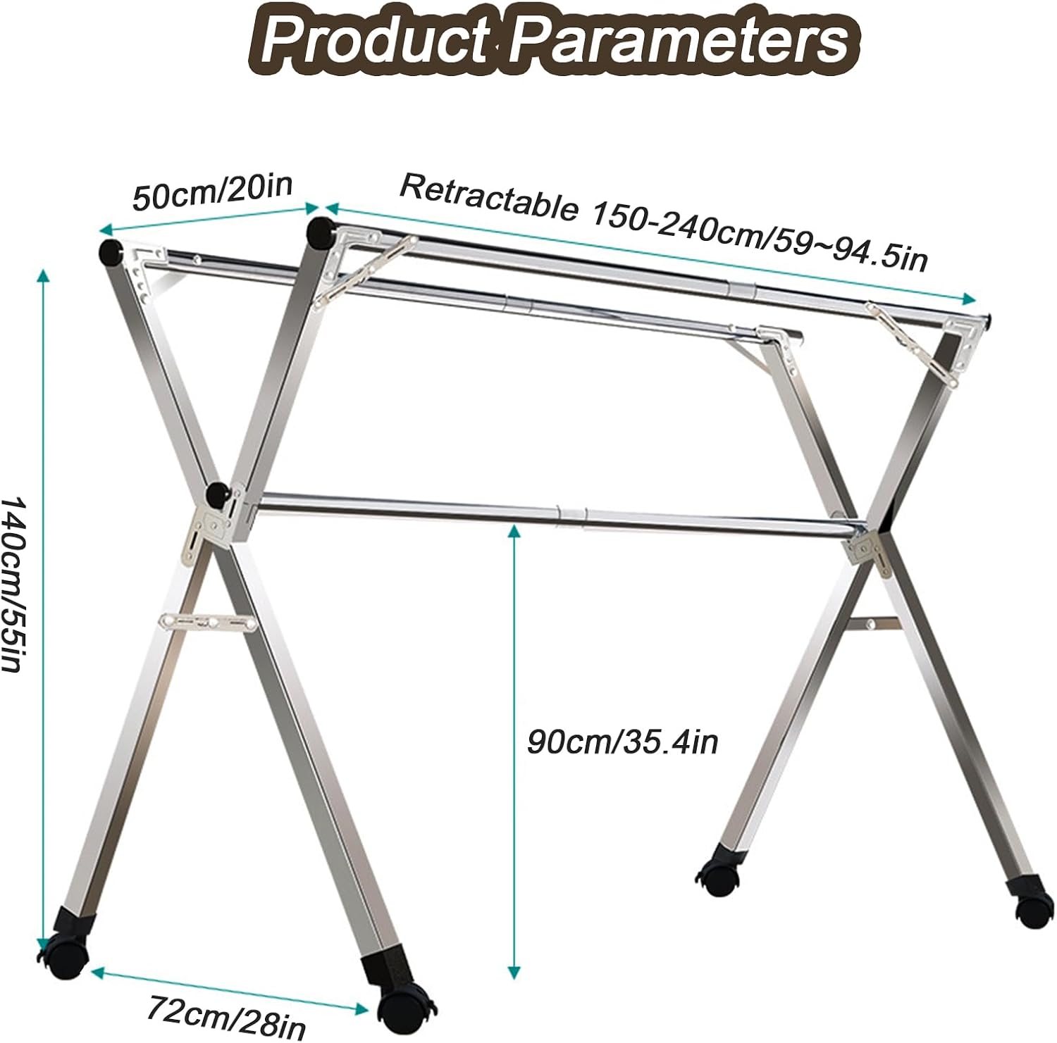 94in Drying Rack Clothing Foldable - Retractable Clothes Racks for Hanging Clothes - Stainless Steel Laundry Drying Rack with Wheels - Collapsible Garment Rack Free Installed
