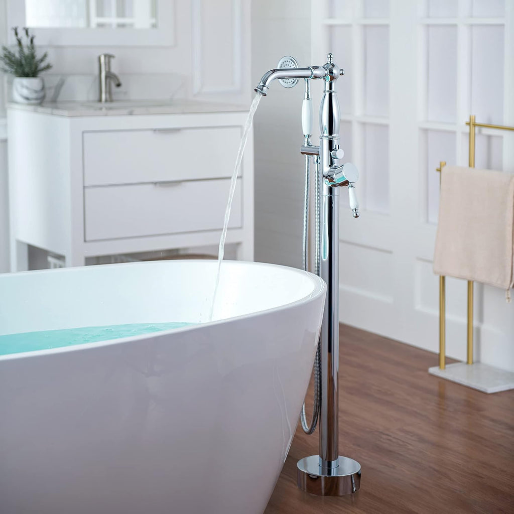 WOODBRIDGE Contemporary Single Handle Floor Mount Freestanding Tub Filler Faucet with Hand Shower in Chrome Finish