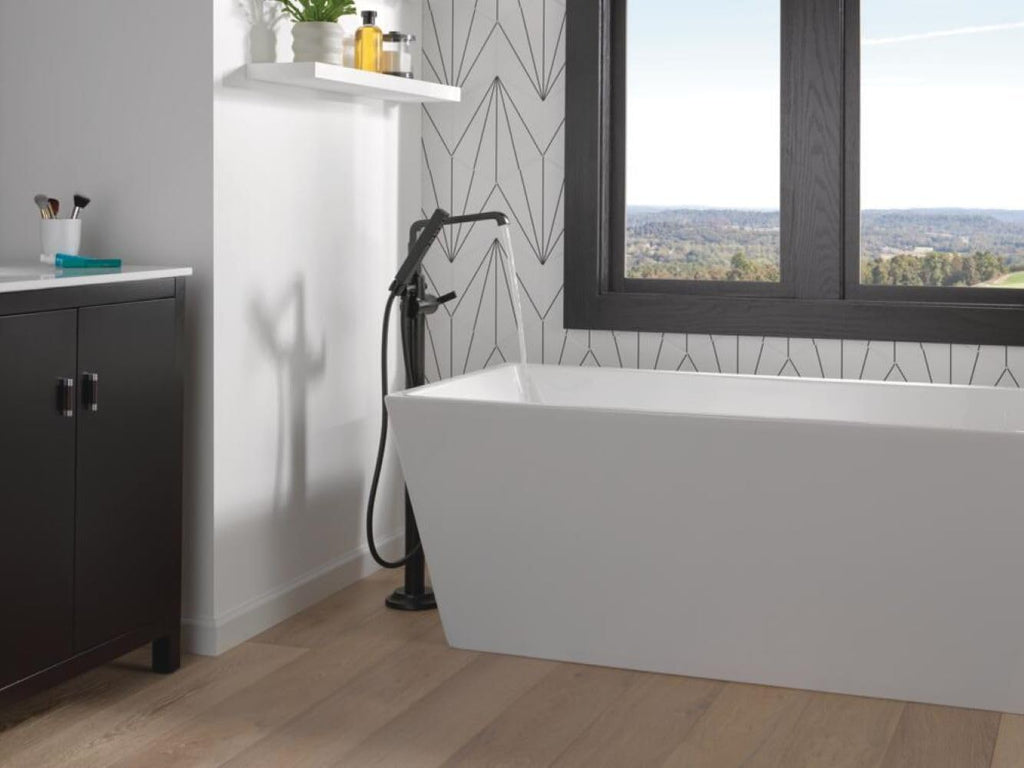 Delta Faucet Tetra Floor-Mount Freestanding Tub Filler with Hand Held Shower, Black Tub Faucet, Matte Black T4789-BLLHP-FL (Valve and Handle Not Included)