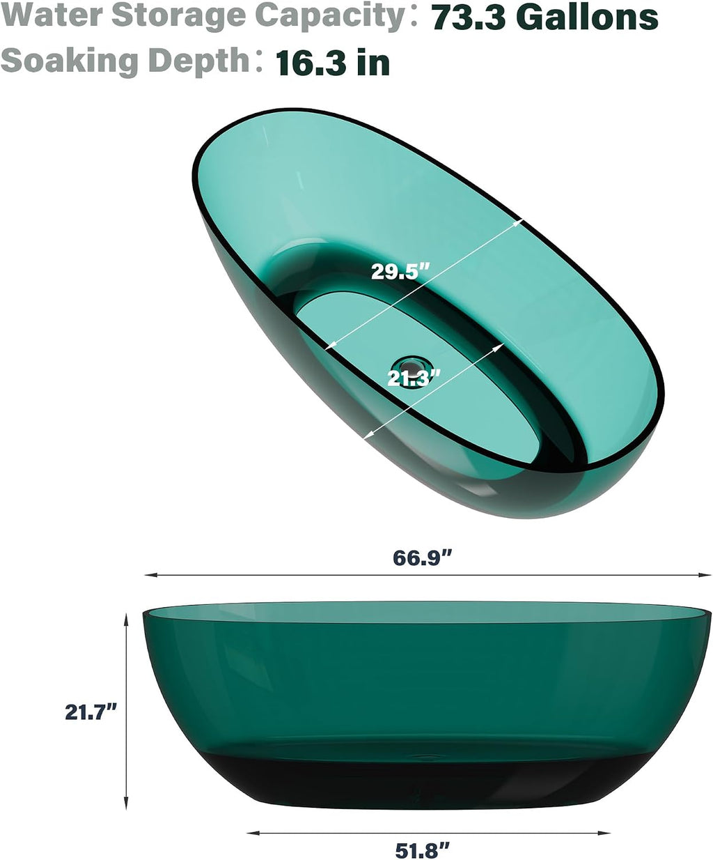 CASAINC 67' Soaking Tub Transparent Resin Freestanding Bathtub Modern Oval Design Stand Alone Tub with Pop-up Drain, 73.32 Gallons Water Storage Capacity and 415 MM Soaking Depth, Transparent Sea Blue