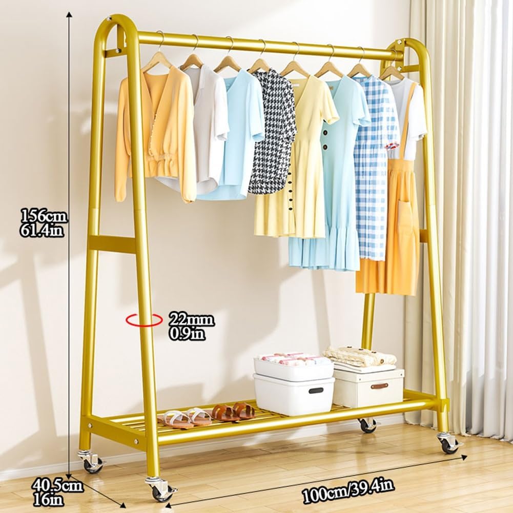 Clothing Rack,Premium Heavy Duty Rolling Clothes Rack With Wheels, Metal Garment Organizer With Storage Shelf, Portable Clothing Stand For Hanging Clothes - Gold, 100X40.5X156,Gold 100X40.5X156Cm