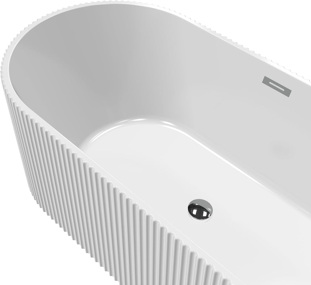 59' Acrylic Freestanding Soaking Bathtub with Striped Design, Bathroom Tub Includes Overflow Cover, Pop-Up Drain, Hidden Drainage System, Easy Installation, cUPC Certified, Glossy White Finish