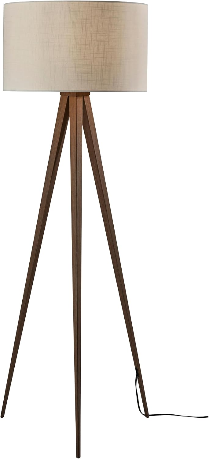 Adesso Floor Lamp with Walnut Rosewood Veneer and Beige Fabric Lampshade – 3-Way Adjustable Brightness, Lamp for Bedroom, Living Room, and House Décor, 60.25' x 21'