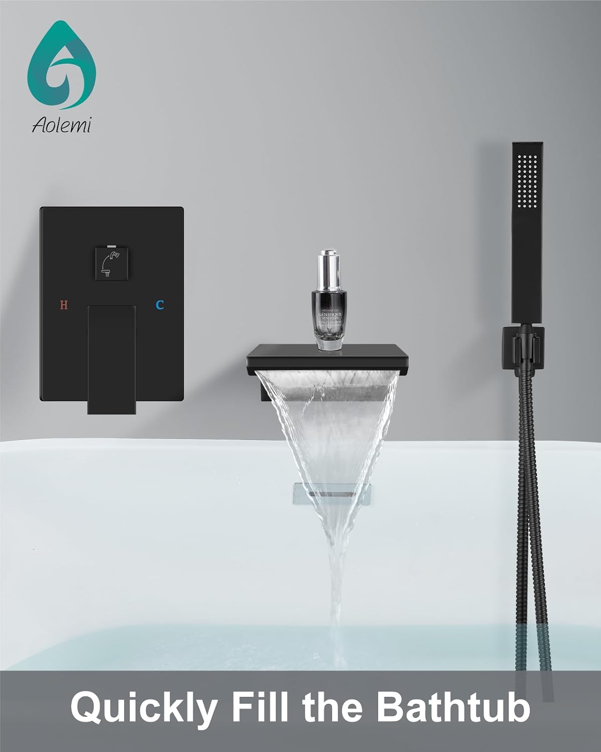 Aolemi Wall Mount Bathtub Faucet,Tub Faucet Set Waterfall Wall Mounted Tub Filler with Handheld Sprayer Single Handle,Matte Black
