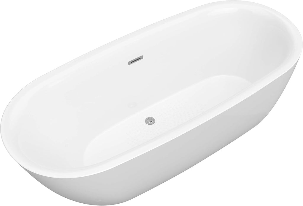 ANZZI Freestanding Bathtub Acrylic 59 In Flat Bottom Soaking Tub Glossy White One Piece Center Drain Overflow Included Slip Resistant Floor Adjustable Feet 79 Gal Capacity Ami Series | FT-AZ401-59