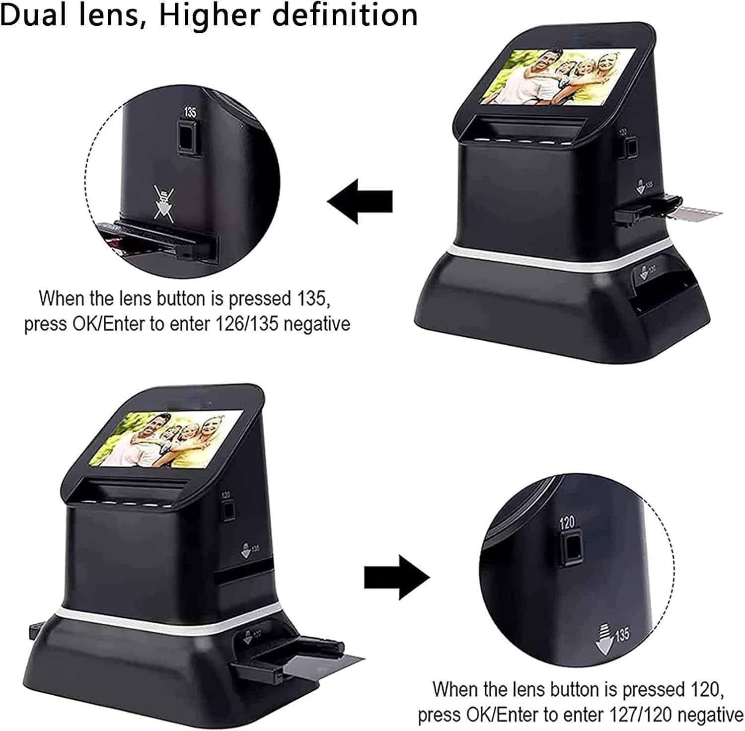 Film Scanner, High Resolution 120 LCD Screen, Converting Negatives and Slides 35 mm, 135, 126, 127 in JPEG Digital, Photo Converter