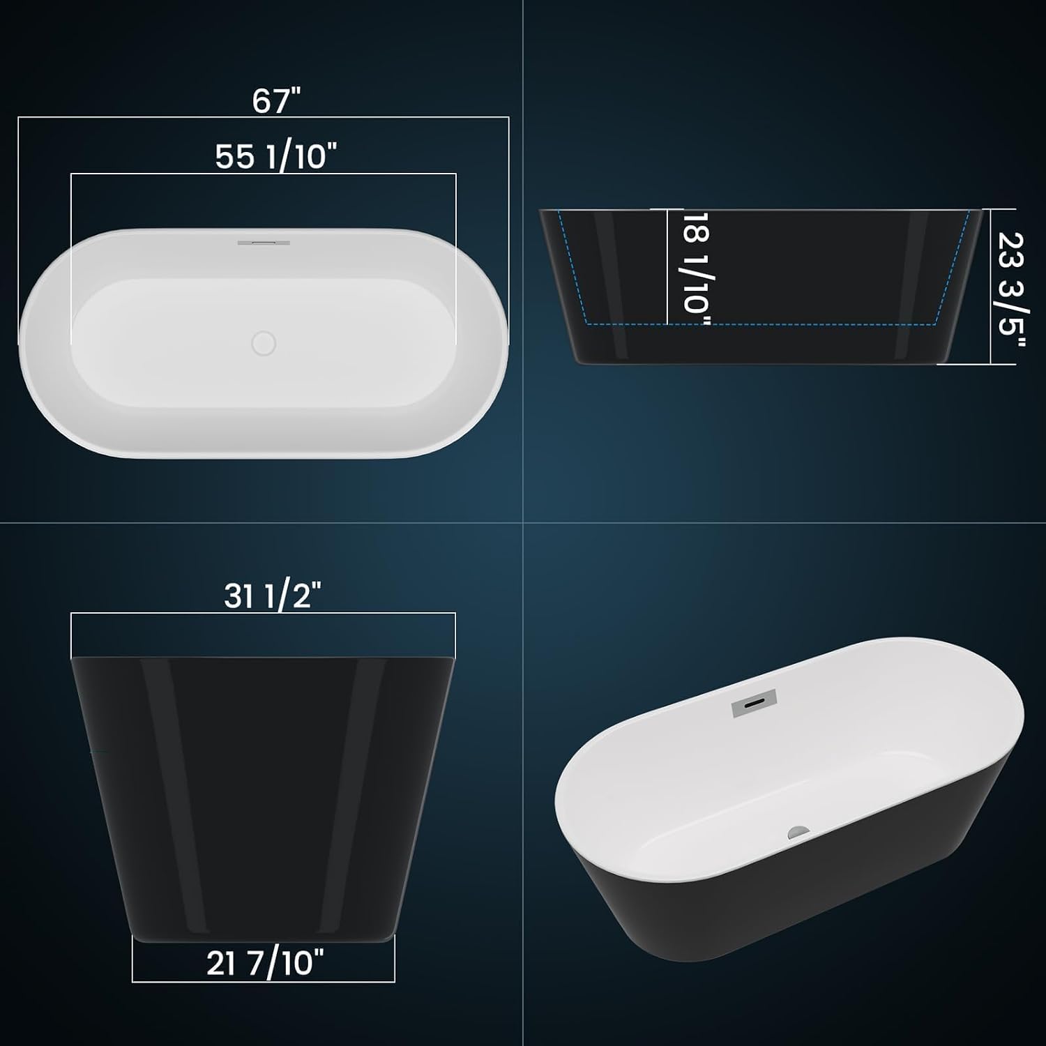 Freestanding Bathtub 67 inch Black and White Acrylic Soaking Tub with Chrome Drain and Overflow, Deep Home Spa Bath for Bathroom Remodel and Comfortable Soaking